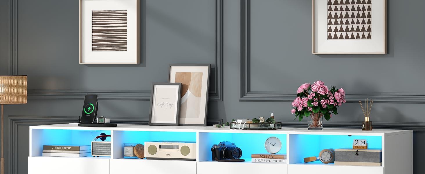 12 Drawer White Dresser with Charging Station & Led Lights for Bedroom, ,Large Dressers Organizer with 4 Open Cubbies Modern Accent Cabinet