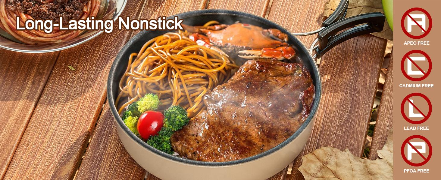 Odoland Camping Cookware Set Non-Stick Pot and Pan Set with Kettle, Stainless Steel Utensils Mess Kit, Cups Plates Knives Spoons Forks for Outdoor Cooking,Khaki