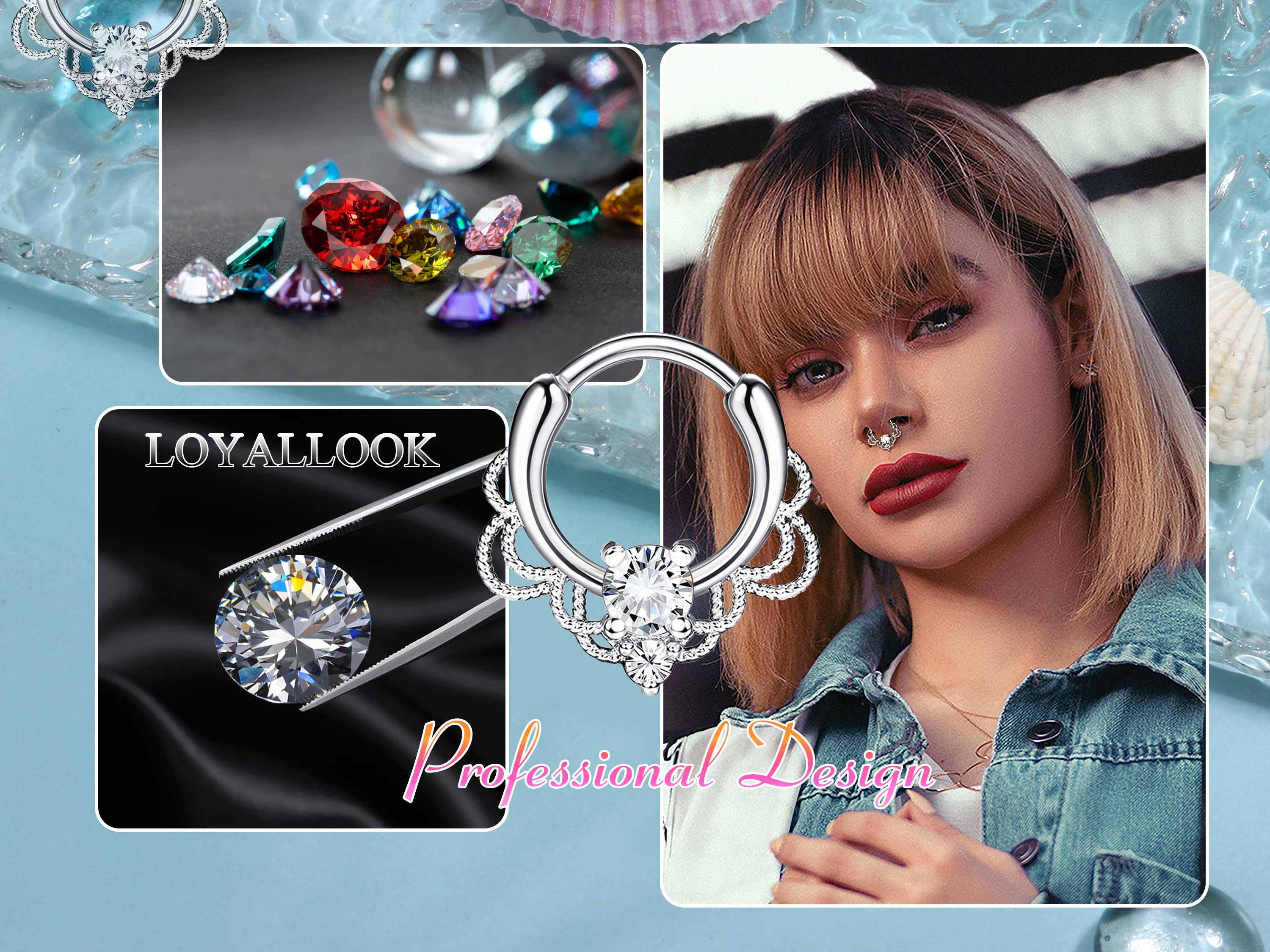 LOYALLOOK 8counts 16G Septum Clicker Ring Stainless Steel CZ Opal Cartilage Helix Tragus Hoop Daith Earrings Nose Rings Hoop Hinged Segment Clicker Ring Piercing Jewelry Accessory Conch