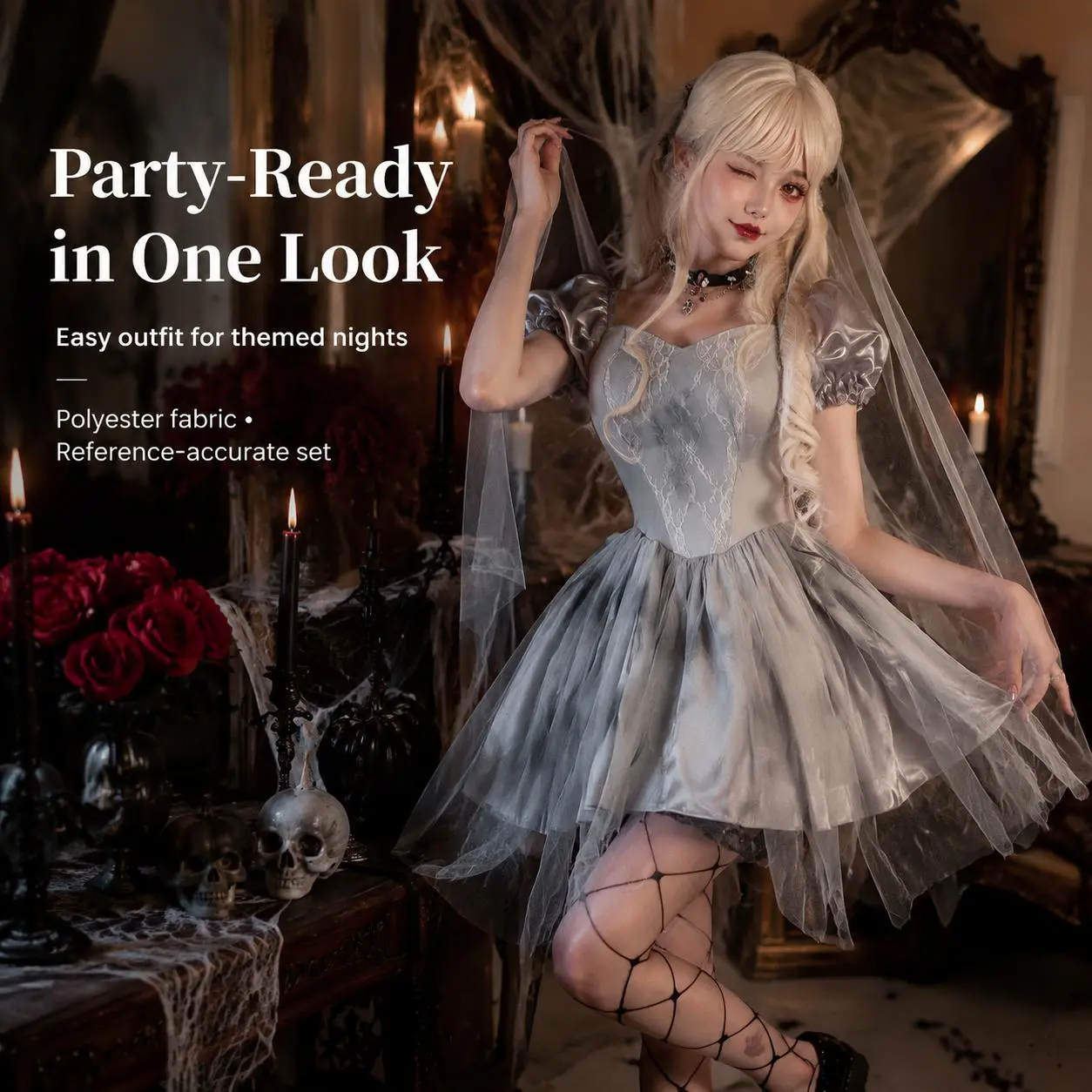 Women's Vintage Gray Tulle Short Lace Ghost Bride Dress with Smooth Veil, Gothic Zombie Bride Cosplay Outfit, Adult Halloween Fancy Party Suit & Costumes Accessories, Style