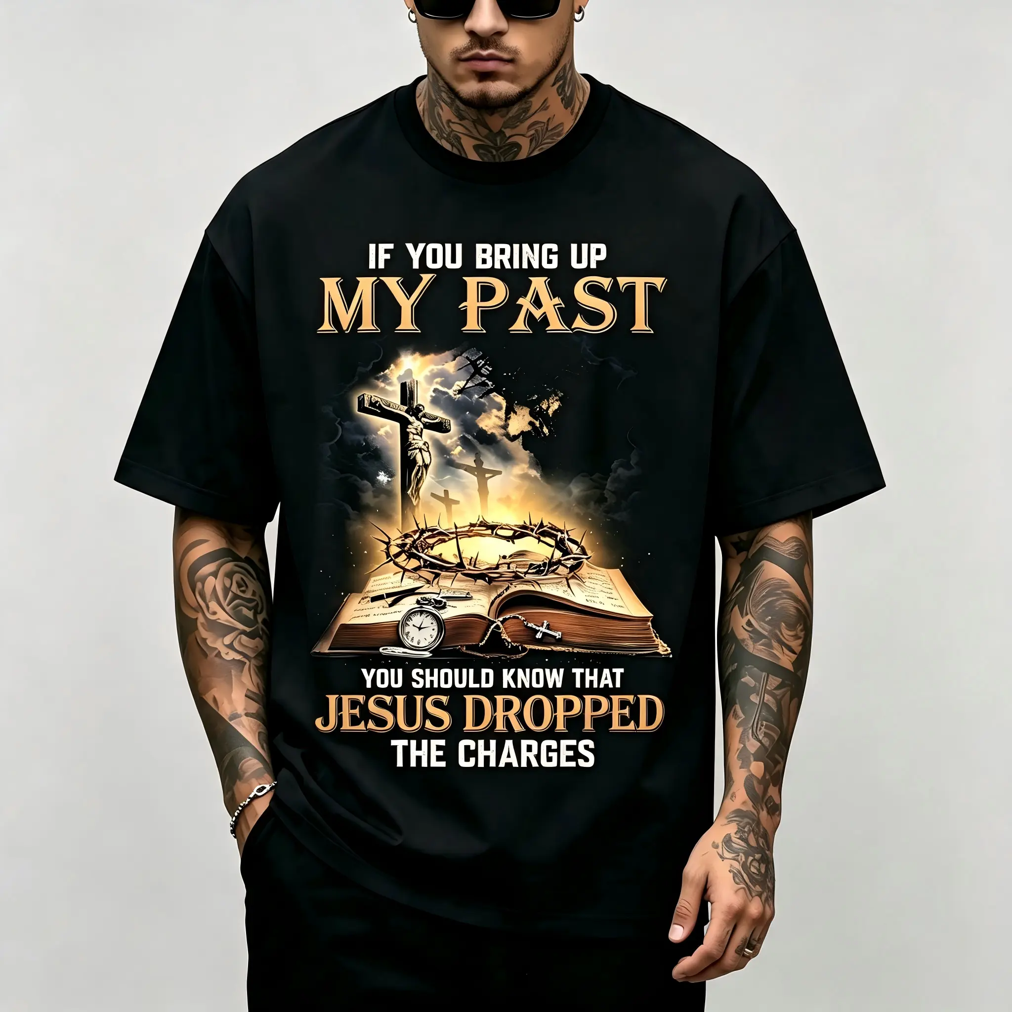"If You Bring Up My Past Jesus Dropped The Charges" Unisex T-Shirt for Men & Women - Cross Crown Of Thorns Faith Design, Soft Cotton Crew Neck Short Sleeve, Comfortable All-Season Tee, Perfect for Everyday Casual & Believer Style, Machine Washable