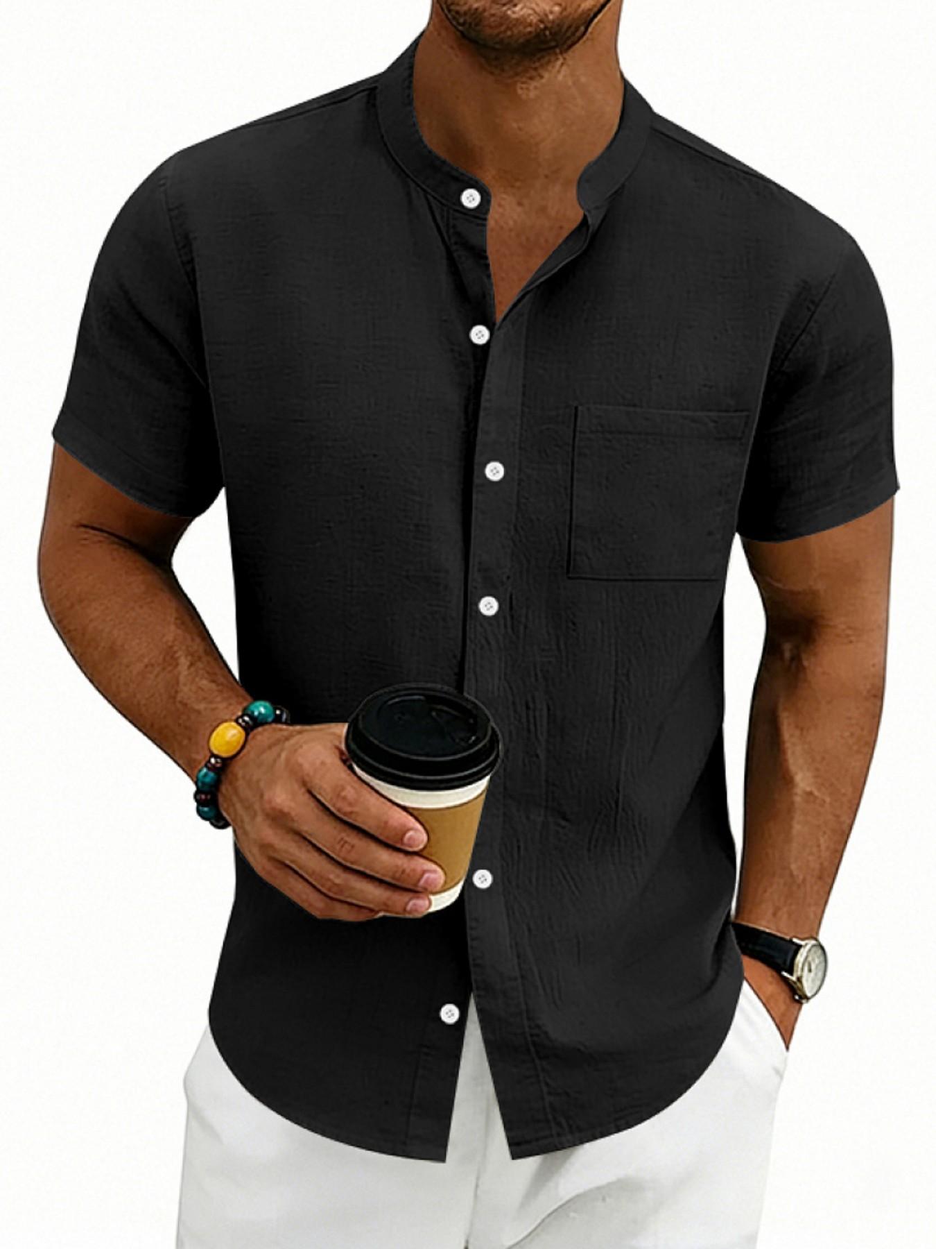 Men's Hawaiian Style Linen Short Sleeve Shirt, Casual Stand Collar Summer Top, Retro Design for Men, Comfortable and Stylish