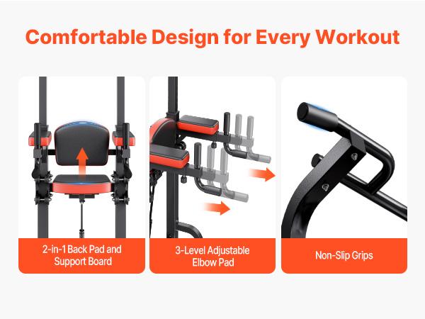 VEVOR Pull Up Bar, 330 LBS Power Tower Dip Station, Workout Dip Station with H-Shaped Stable Base Assistance Platform, Adjustable 9 Level Height Pullup Stand for Back, 3-Level Adjustable Elbow Pads