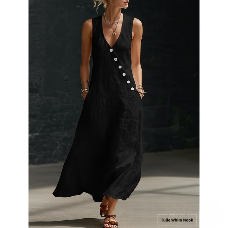 Women's Minimalist Basic Casual Sleeveless Solid Color Buttoned A-Line Tank Dress - New European/American Spring-Summer Normal Type Plus Size Elegant Womenswear, Xxl
