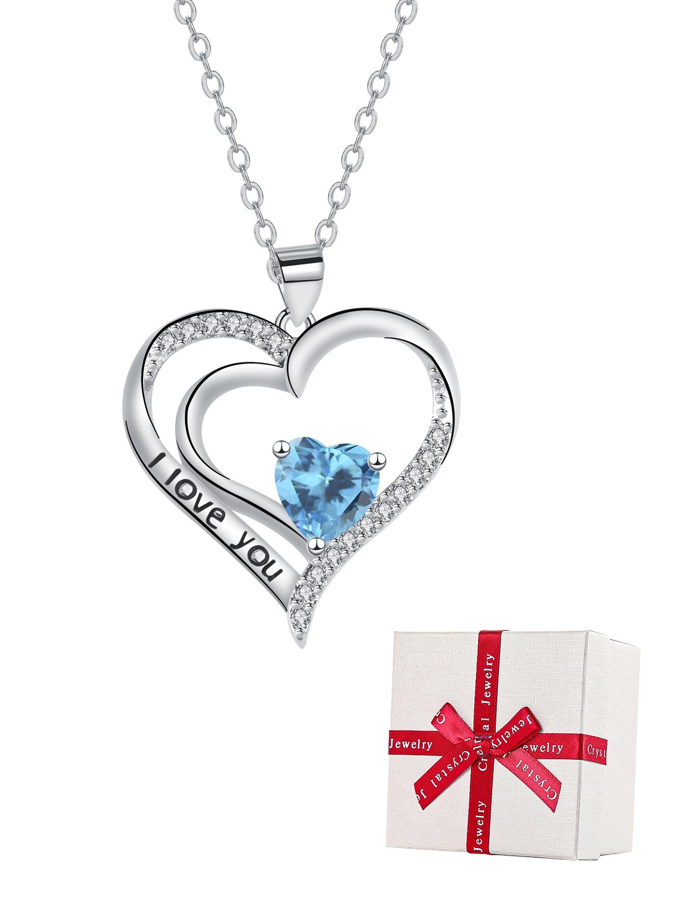 Heart Shaped Cz Birthstone Necklace, I Love You Pendant, Mos Bear Rose Jewelry Gift Box, Girlfriend Birthday Anniversary Present, Exquisite Jewelry Gift