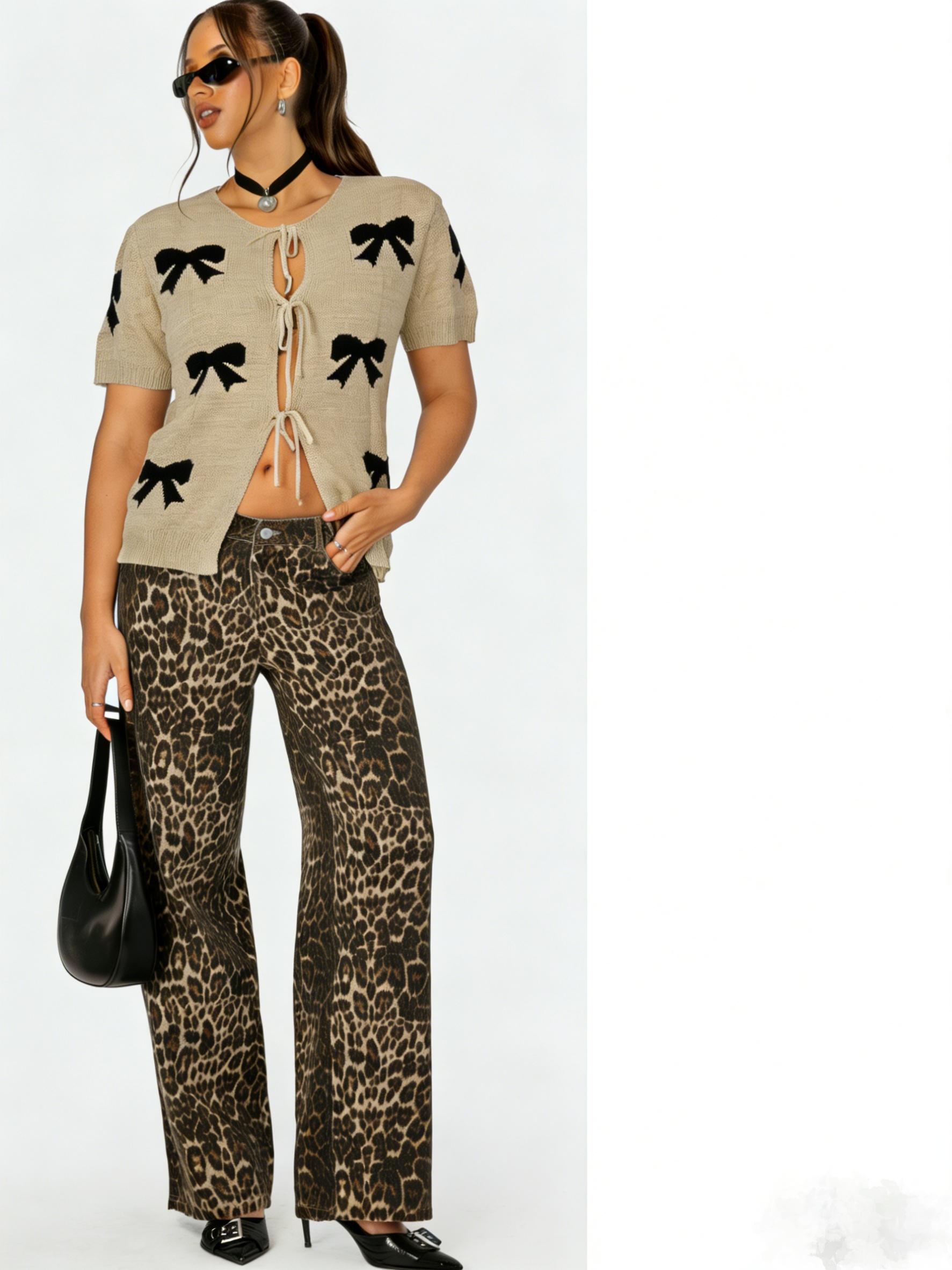 Playful Contrast Beige-black Bow Jacquard Design Tie-front Open Knitwear Cardigan, Casual Soft Neutral Short Sleeve Knits Sweater, 2026 Summer Coastal Vacation Cool Girl Fashion Sexy Tie Top, Coquette Aesthetic Fashion Style, Y2K Retro Vintage Style