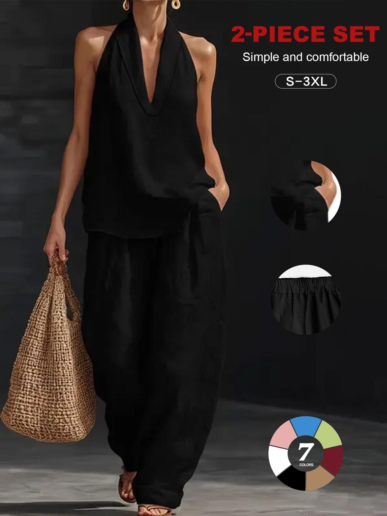 Women's Faux Linen V Neck Sleeveless Halter Top and Wide Leg Pants Set, 2 Piece Loose Fit Lounge Set, Casual All Seasons