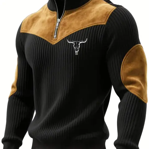 Men's Stand Collar Pullover Sweater, Fall Winter Knitwear, Knitwear, Fashion Knitwear, Tops, Menswear, Autumn Winter Warm Half Zip Long Sleeve Cow Head Print Patchwork Ribbed Casual Vintage Streetwear