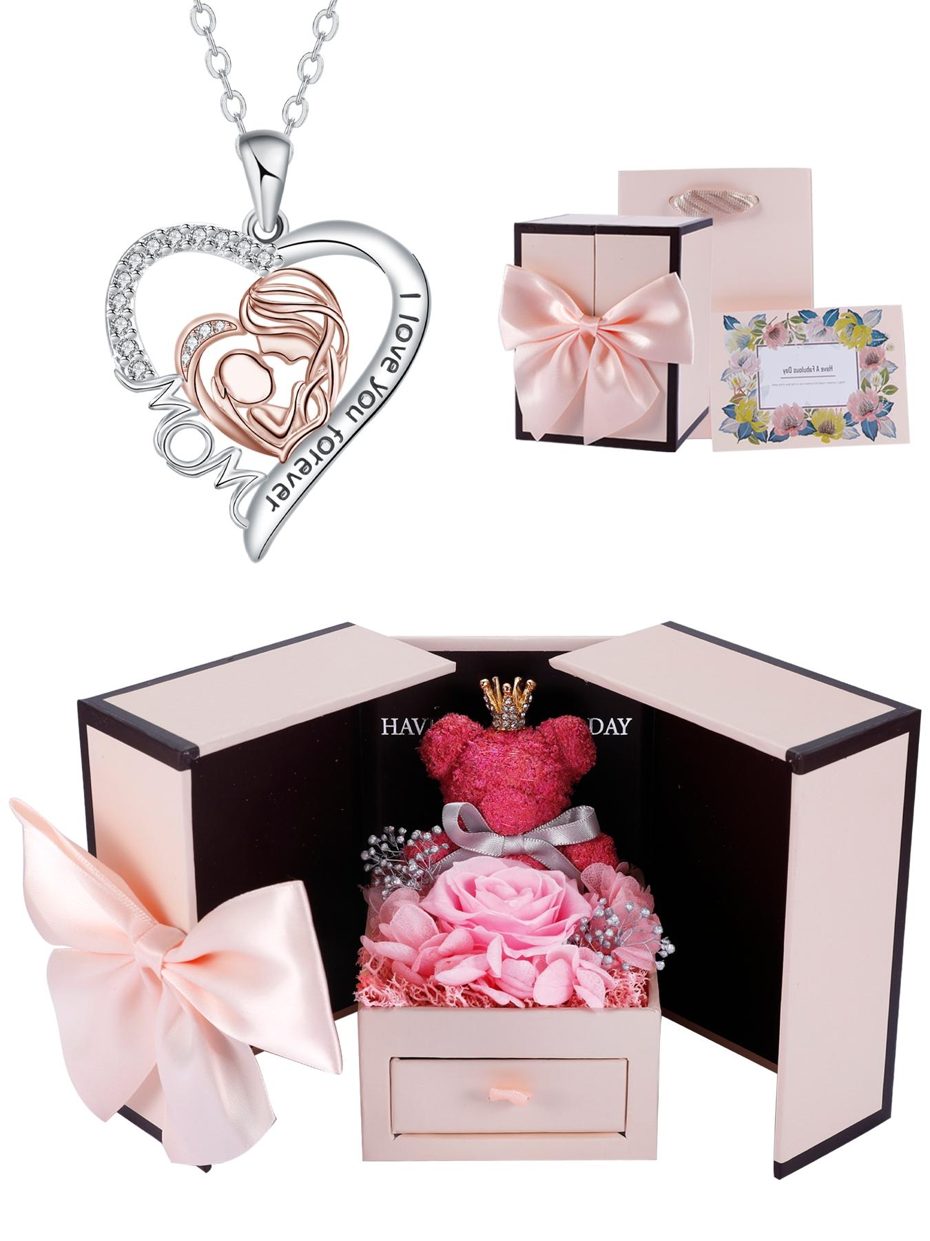 Mommy & Me Love Heart Necklace Set with Moss Bear Rose Jewelry Box, Elegant Copper Pendant Necklaces, Perfect Gift for Mother's Day Birthday Christmas