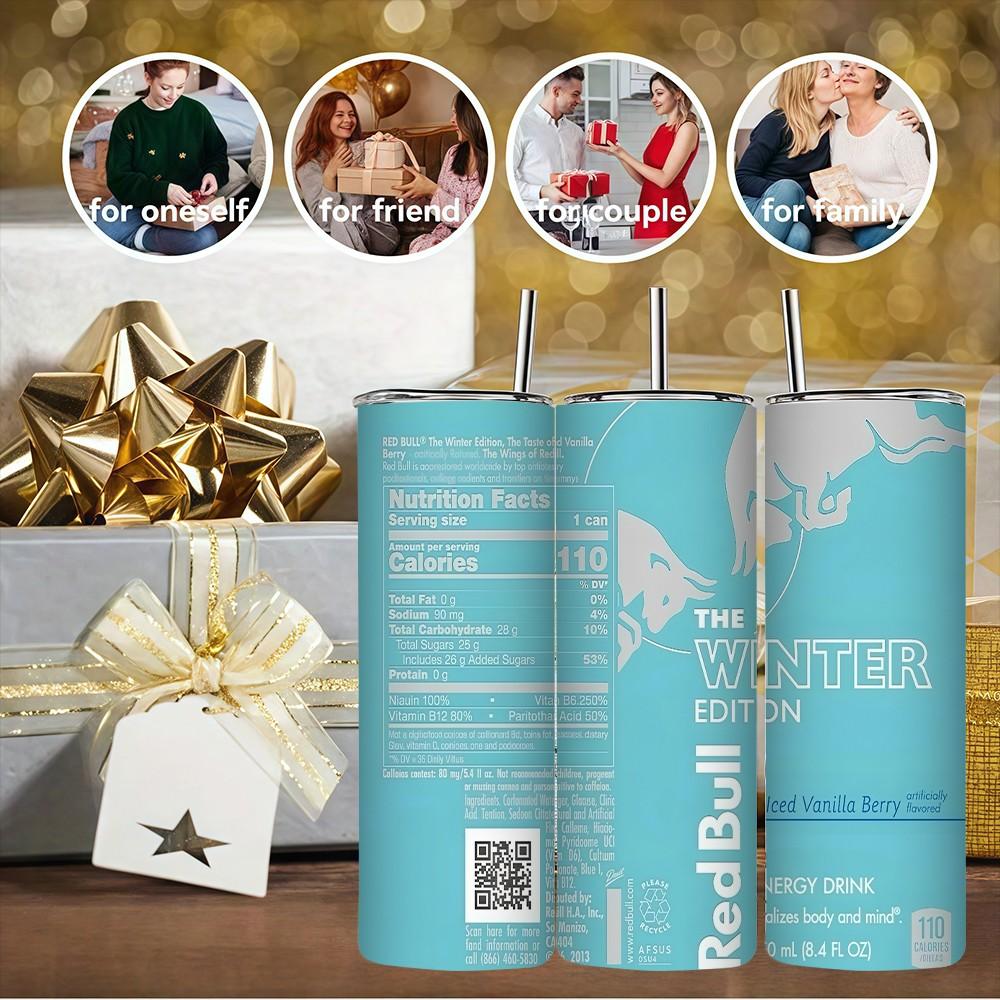 1pc 20oz Red Bull Winter Edition Stainless Steel Thermos Mug with Straw & Straw Cleaner, Double Wall Insulated for Coffee, Ideal for Outdoor, Office & Camping