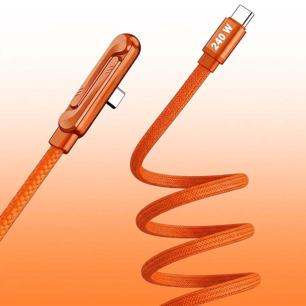 Orange  2026 Newest 240W Foldable Phone Stand Data Cable USB-C Ultra-Fast Charging Cable, 59.06-inch Charging Cable, 240W Braided Fast Charging Cable with  Phone Stand, T-Shaped Folding Design, Suitable for iPhone 15-17 Series