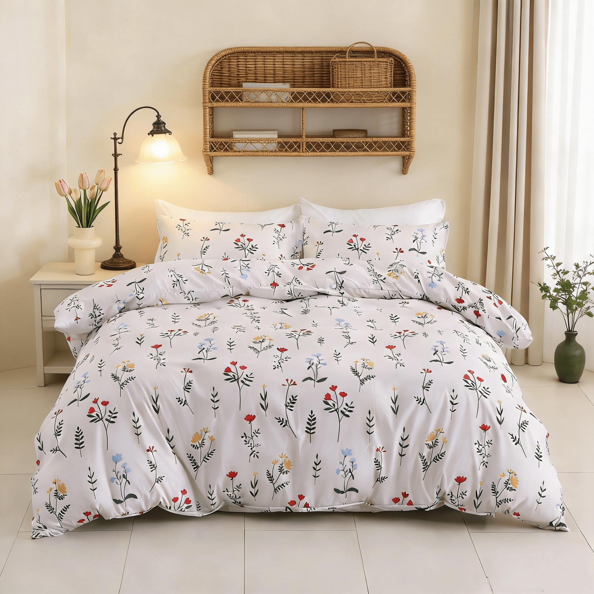 Spring & Summer Refresh, Winter Jasmine Print 3-Piece Duvet Cover Set, Includes 1 Duvet Cover and 2 Pillowcases (Without Insert), Soft and Comfortable, Machine Washable for Easy Care.