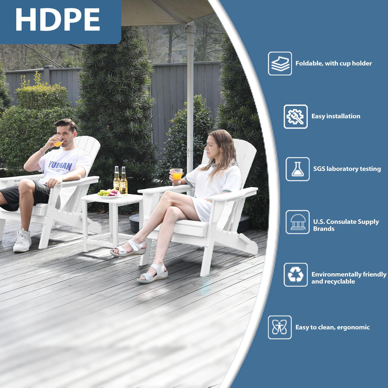 Folding Adirondack Chair with Wood Texture & Cup Holder - All-Weather HDPE for Poolside, Lawn, Patio, and Garden