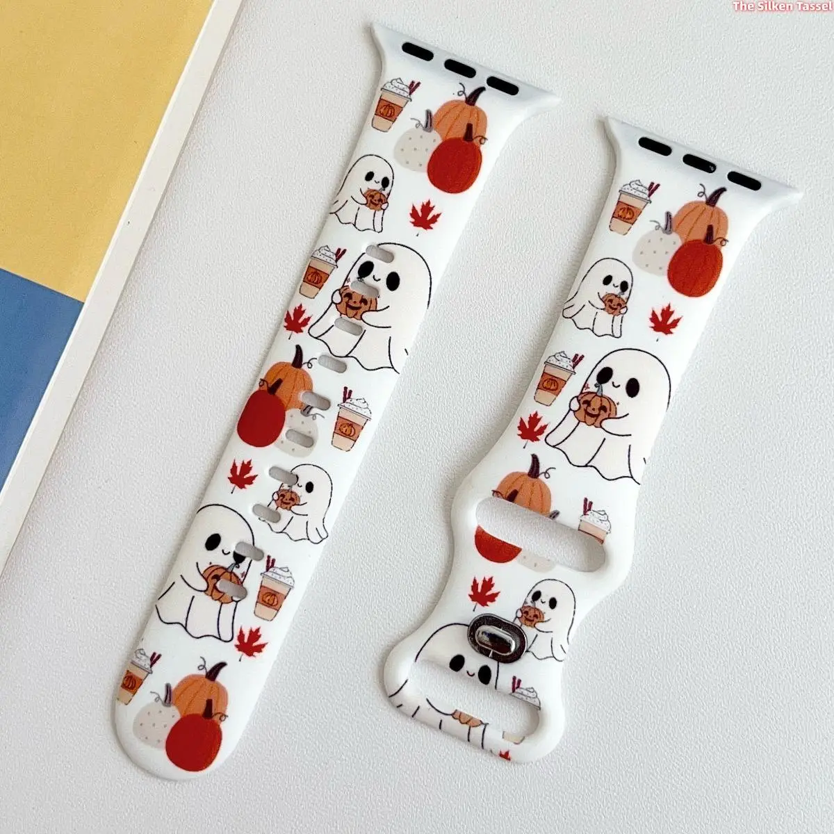 Cute Autumn Ghost Pumpkin Coffee Silicone Watch Strap For Apple Watch All Sizes White Base Maple Leaf Fall Season Pattern Sweatproof Adjustable Slim Daily Wrist Bracelet sohochic
