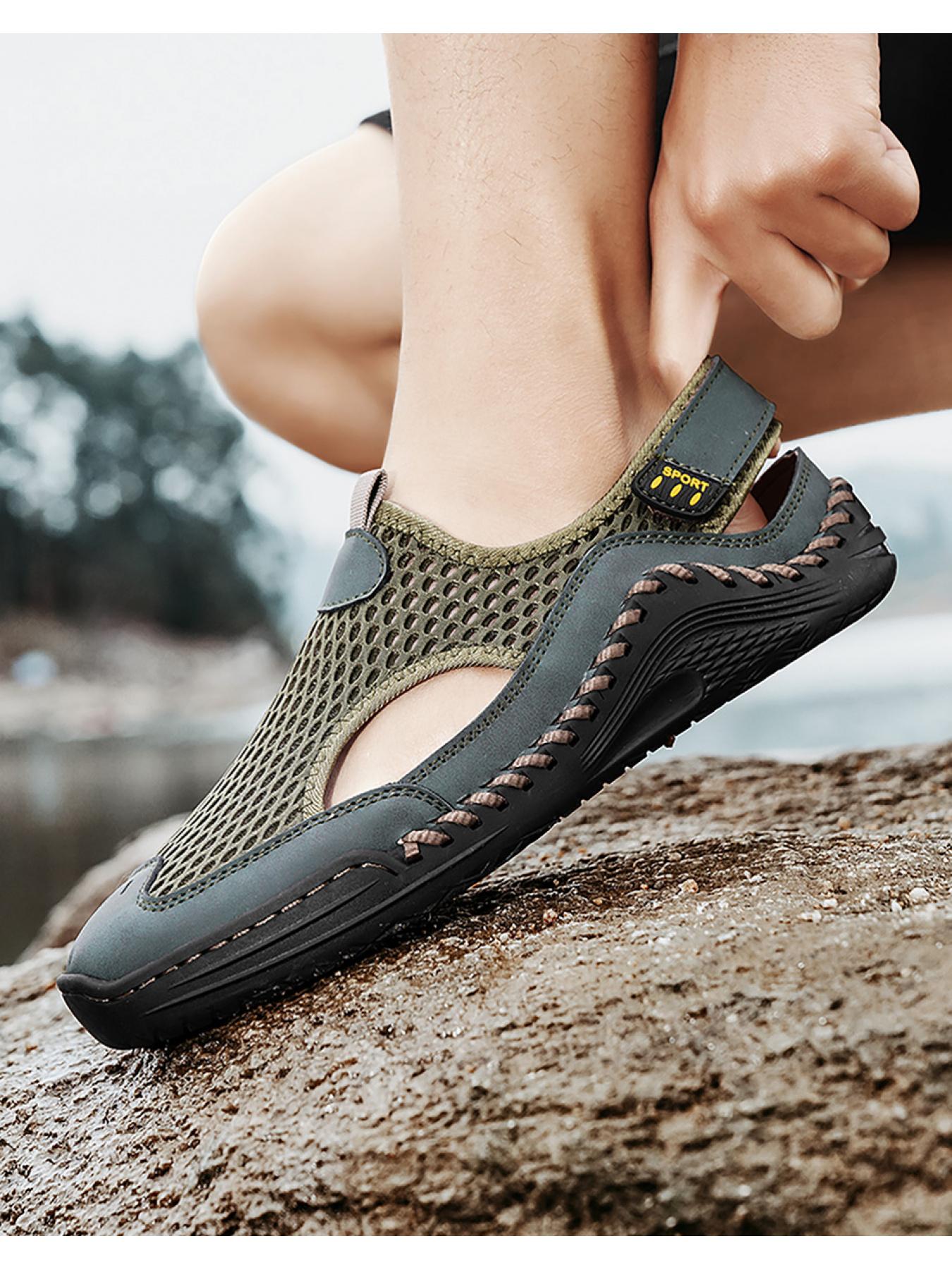 Men's Solid Color Mesh Breathable Closed-Toe Sandals, Hand-Stitched Soft Sole Water Shoes, Slip-On Casual Outdoor Beach Shoes
