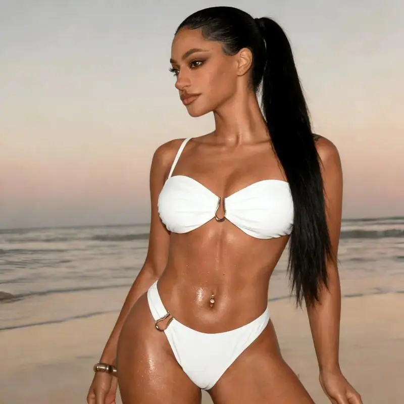 Women's Plain White 2-Piece Bikini Swimsuit - Casual Swimsuit Set, Monochrome Bikini Set, Beach-Sport Ready Swimwear with Slimming Ruching Tummy Control Bottoms
