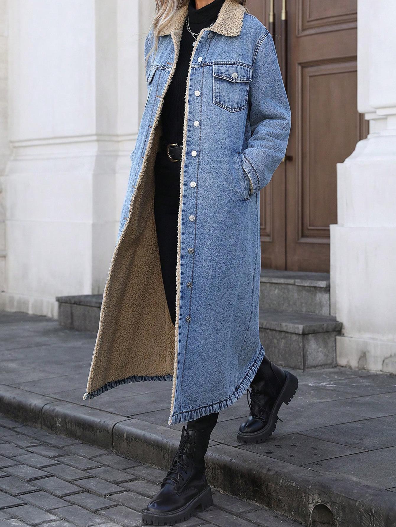 Women's Long Fleece-Lined Denim Jacket, Elegant Single-Breasted Design, Perfect For Winter, Casual