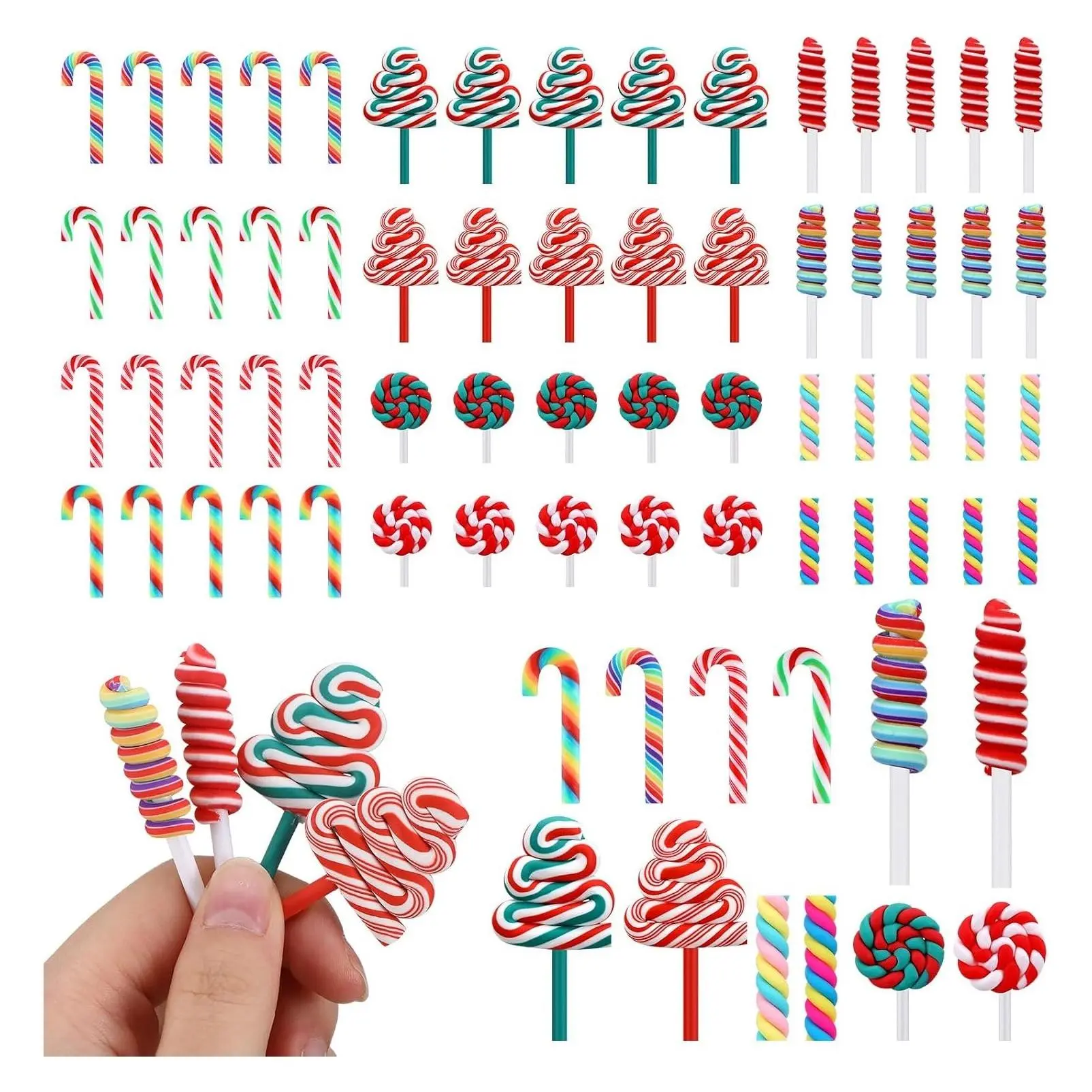 60 Pcs Mini Candy Cane Ornaments, Rainbow Lollipop Christmas Decorations, Miniature Peppermint Embellishments for Crafts, DIY Scrapbooking Supplies, Holiday Decor, Assorted StylesGift