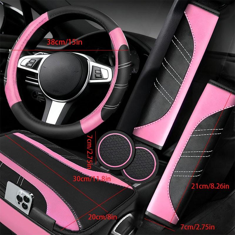 6Counts Car Interior Accessories Set: Sporty PU Leather Steering Wheel Cover (14.5-15 inch Universal), Microfiber PU Leather Car Console Cover, Seatbelt Pads, Cup Holder Pads. Suitable for Men and Women, All Seasons.