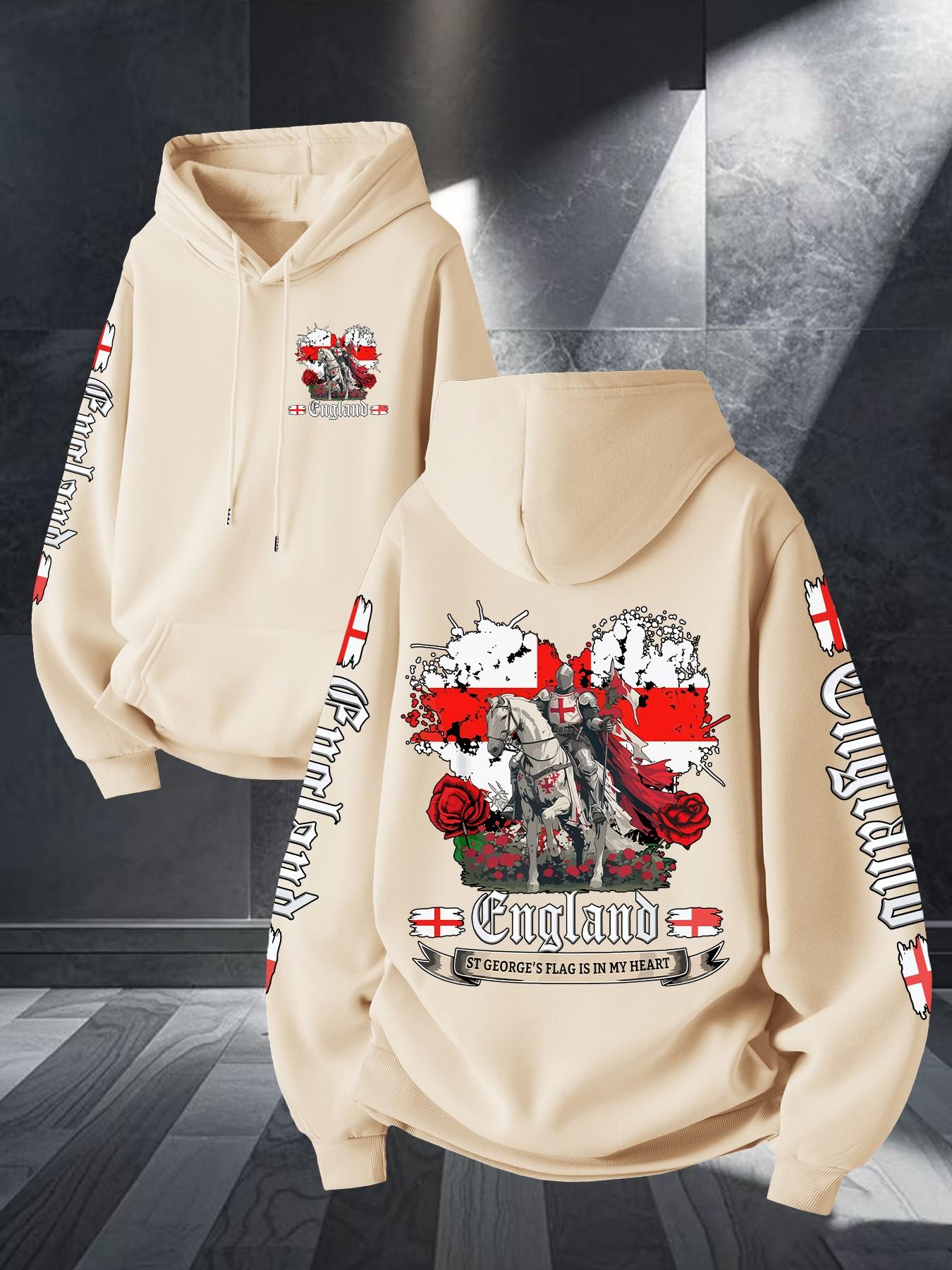 Middle Ages Long Spear Knight England Flag Print Hoodie, Unisex Casual Long Sleeve, Kangaroo Pocket, Fall & Winter Streetwear