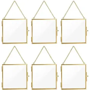 Dual Glass Pressed Flower Frames Stylish Metallic Home Decor,6 Pack 3x3 Floating Photo Frames with Metal Chain for Dried Flowers, Plants, Artwork Display, Horizontal Vertical Floating Picture Frame Sets,Golden