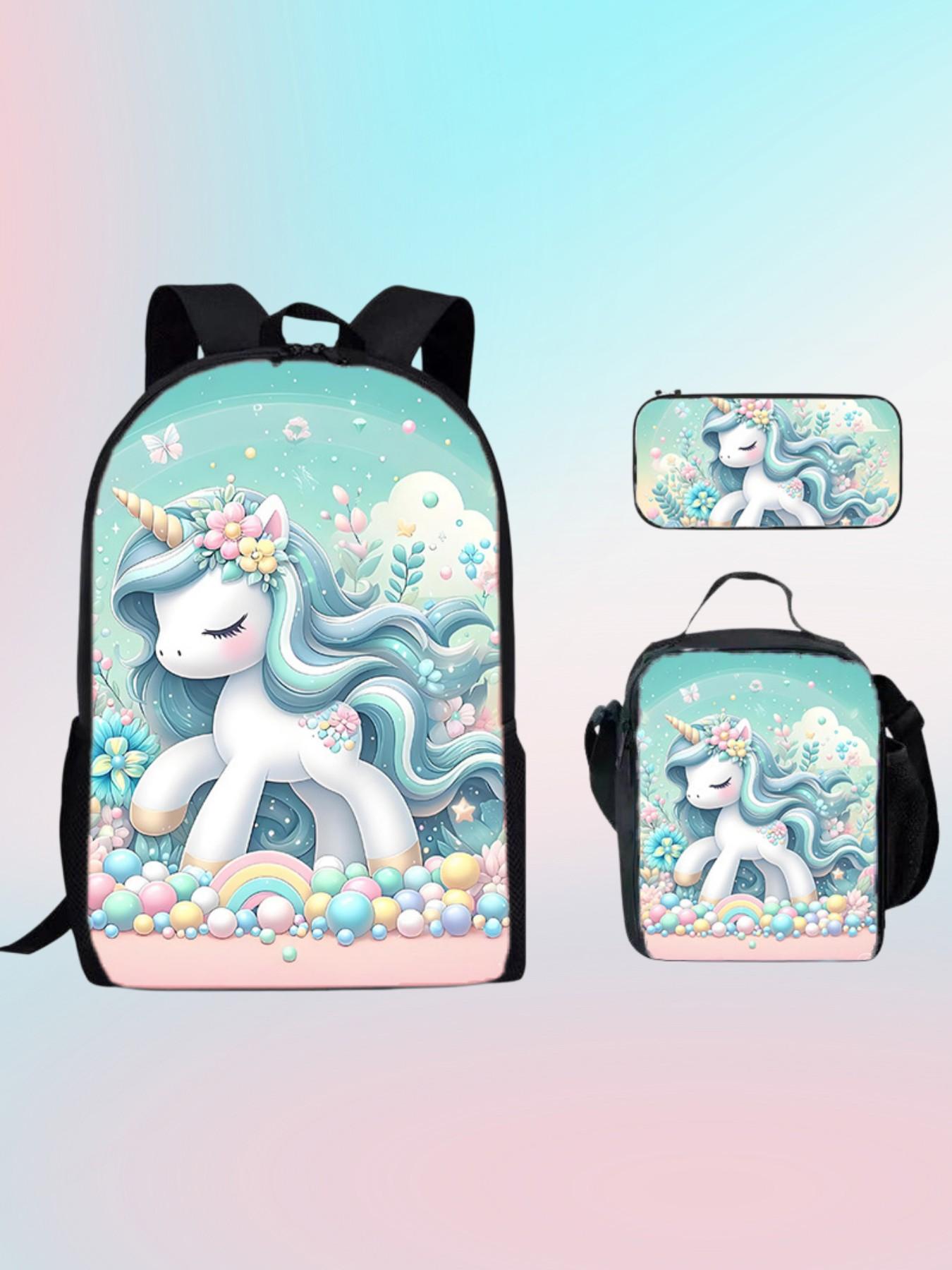 Cute Unicorn Backpack Set for Girls, Rainbow Umbrella Print School Bag, Includes Lunch Box and Pencil Case, Lightweight Kids Bookbag