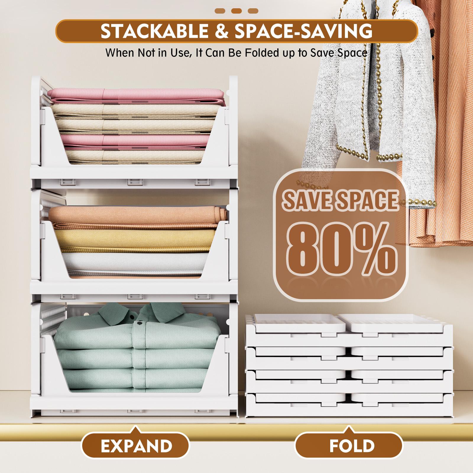 20 Packs Stackable Closet Storage Basket, Multifunctional & Foldable Closet Organizer for Bathroom Kitchen Laundry Room Wardrobe Storage, Space-Saving Clothes Storage Drawer Organizer, White