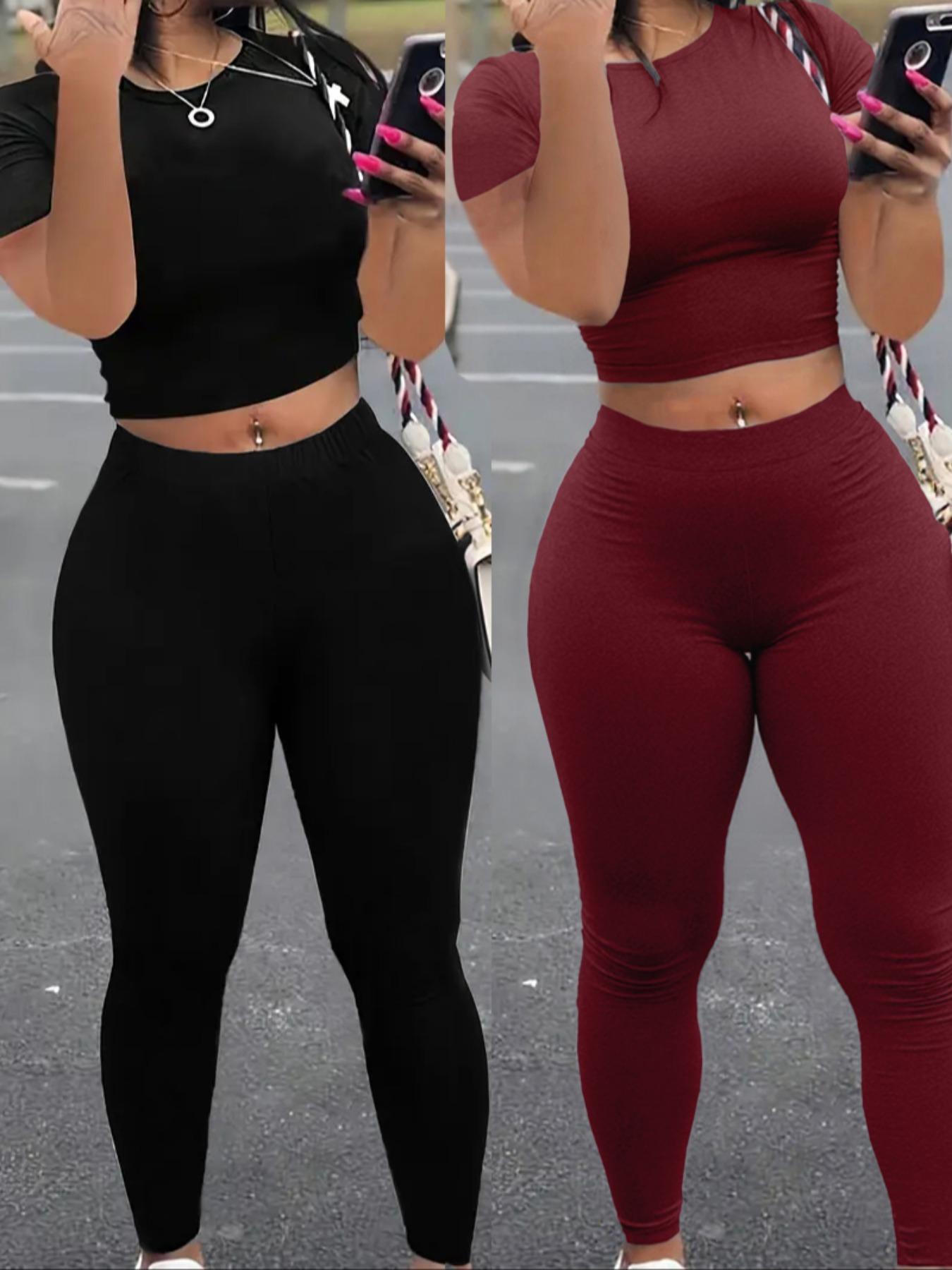 Two-Piece Set Women's Solid Fitted Crop Tee & Skinny Pants, Casual Chic Fashion Cozy Round Neck Short Sleeve Top & Trousers for Daily Outdoor Wear, Ladies Clothes for Spring & Fall