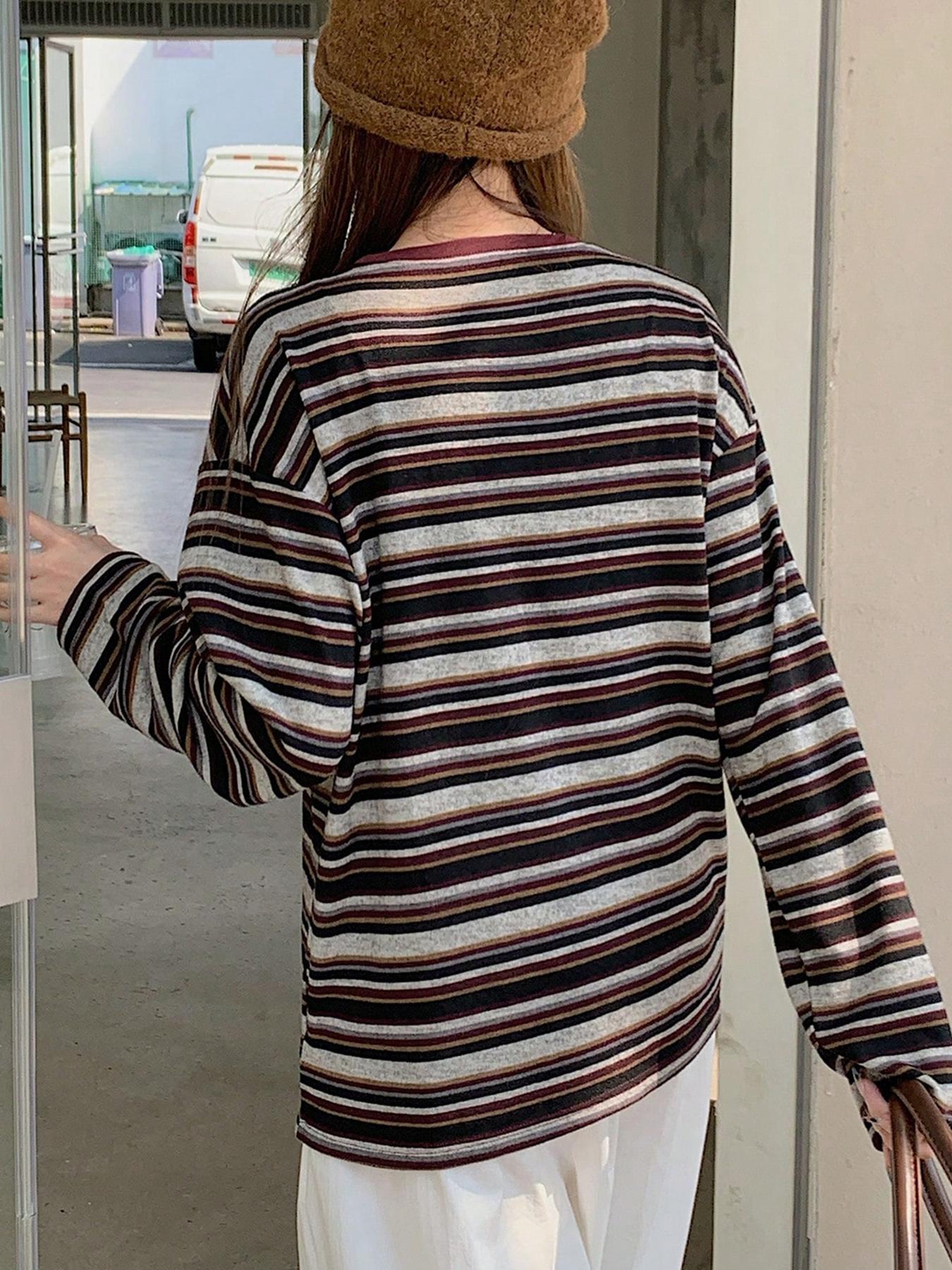 Women's Casual Striped Long Sleeve T-Shirt, Comfortable Cotton Tee for Daily Wear, Stylish Ladies' Top for Spring & Fall Seasons