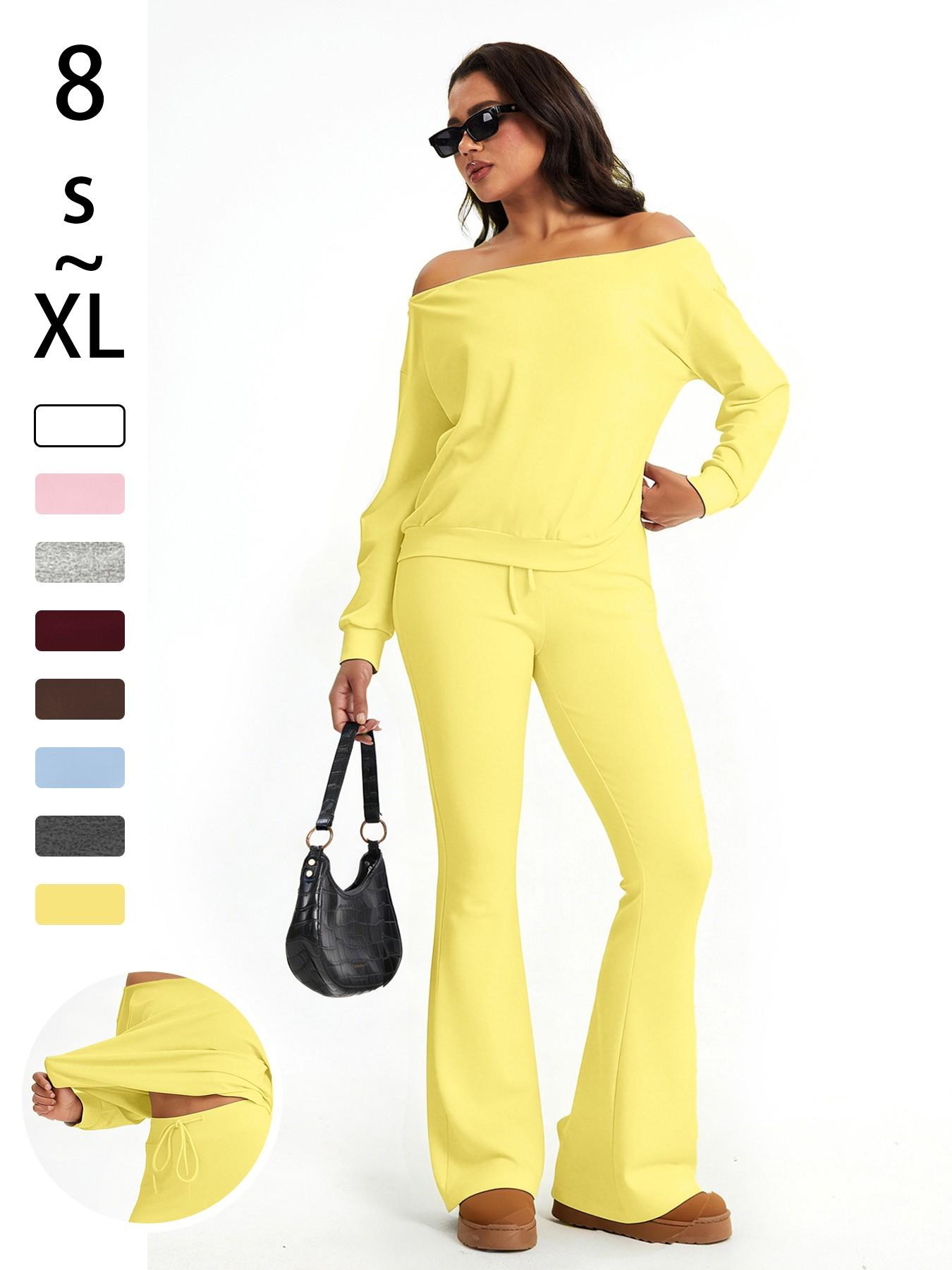 One Shoulder Long Sleeve Loose Crop Top and High Waisted Drawstring Skinny Vintage Bell Bottoms, Yoga Fitness Workout Gym Clothing, Fall & Winter