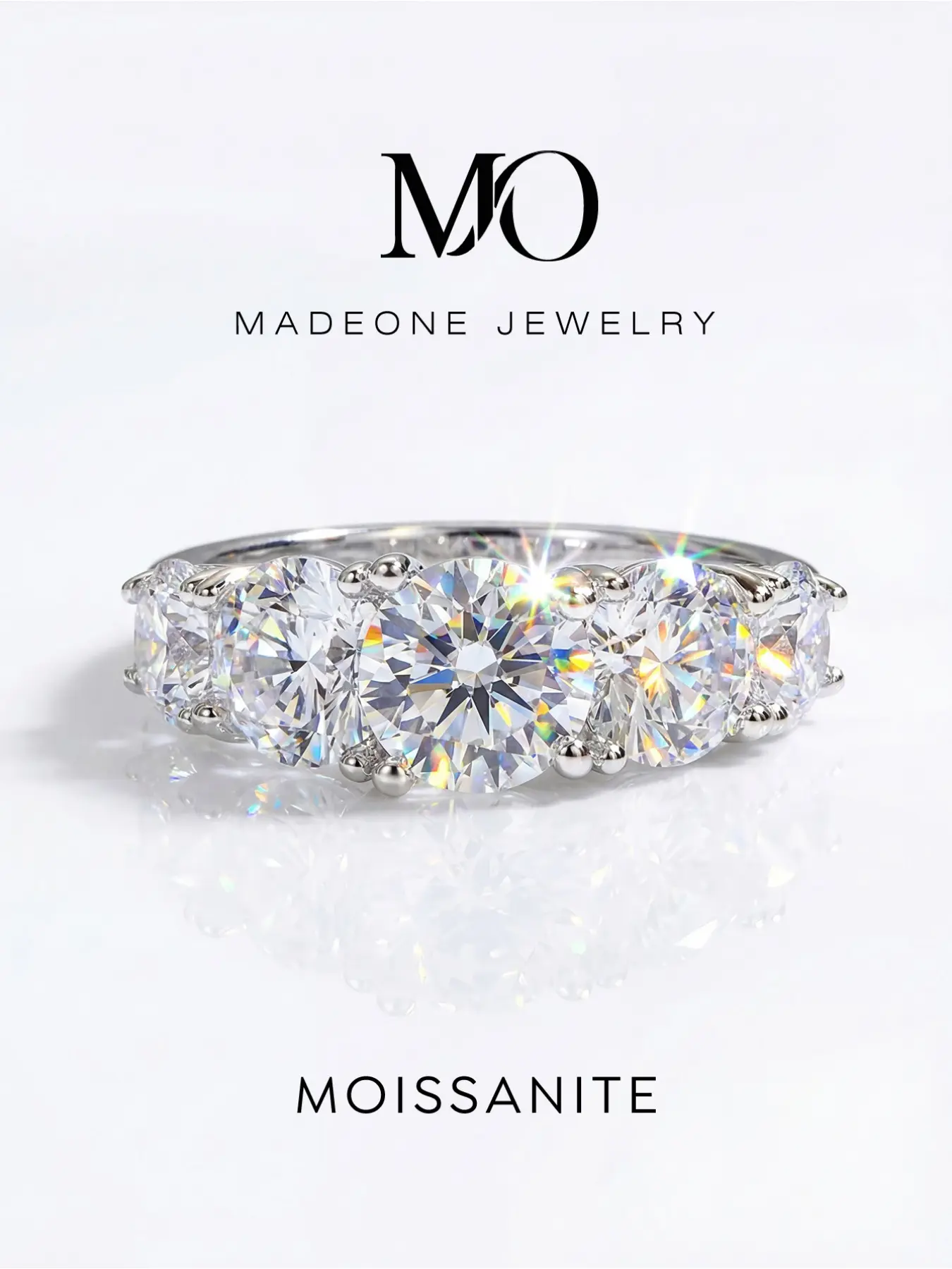 1 Carat 5 Stones Round Moissanite Copper Ring, Five-Stone Half Eternity Wedding Band for Women, Sparkling Moissanite Promise Stackable Ring, Silver Tone Available, Elegant Engagement Jewelry, Ideal Anniversary & Birthday Gift For Ladies