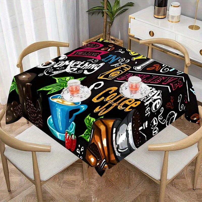 1pc Chic Coffee and Text Design Tablecloth - Rectangular Polyester Tablecloth, Easy to Clean, for Parties, Dining Decor and Outdoor Use, Picnic Table Cover