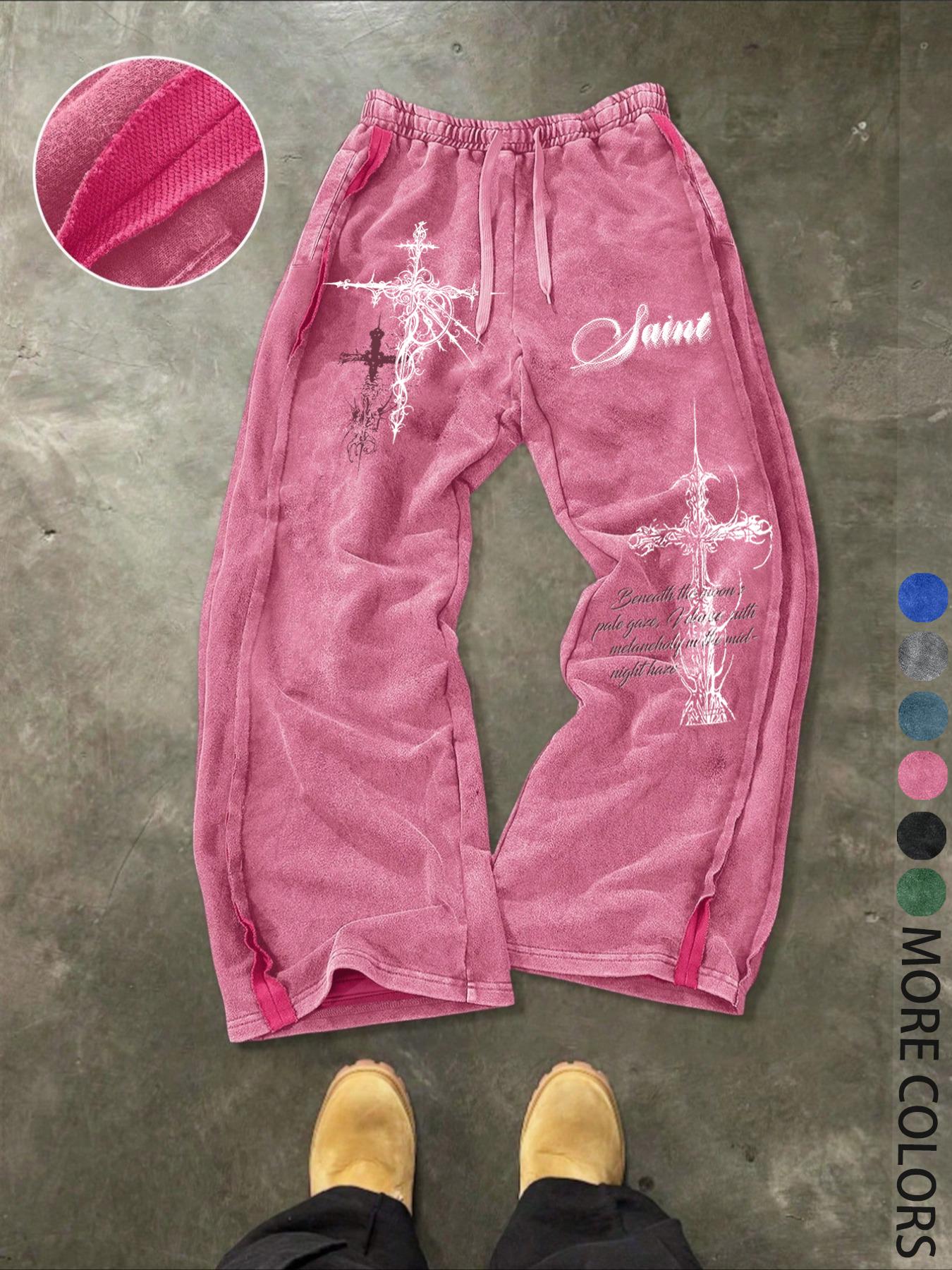 Unisex Gothic Street Style Saint's lettering and Gothic cross pattern print Cotton Sweatpants, Loose Fit Elastic Waist, Casual Fashion Pants for All Seasons,Gothic outfits， Men's Daily Wear Gift