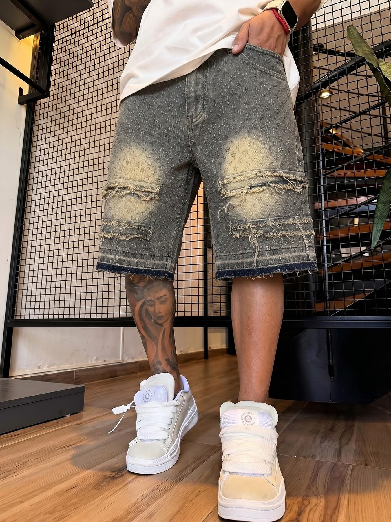 Men's Vintage Wash Loose Jeans Shorts, Oversized Wide Leg Skateboard Pants, Y2K Aesthetic Distressed Denim, Summer Casual Wear, Classic