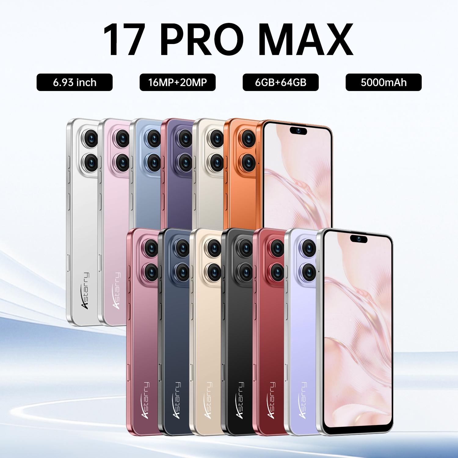 Astarry 17 Pro Max Smartphone – 6.93-inch Display, Android 12, MTK6762 Octa-Core Processor; 6GB RAM + 64GB Storage (expandable to 128GB); 16MP/20MP Cameras; Dual SIM, 4G Connectivity, 5000mAh Battery, and Fingerprint Unlock.