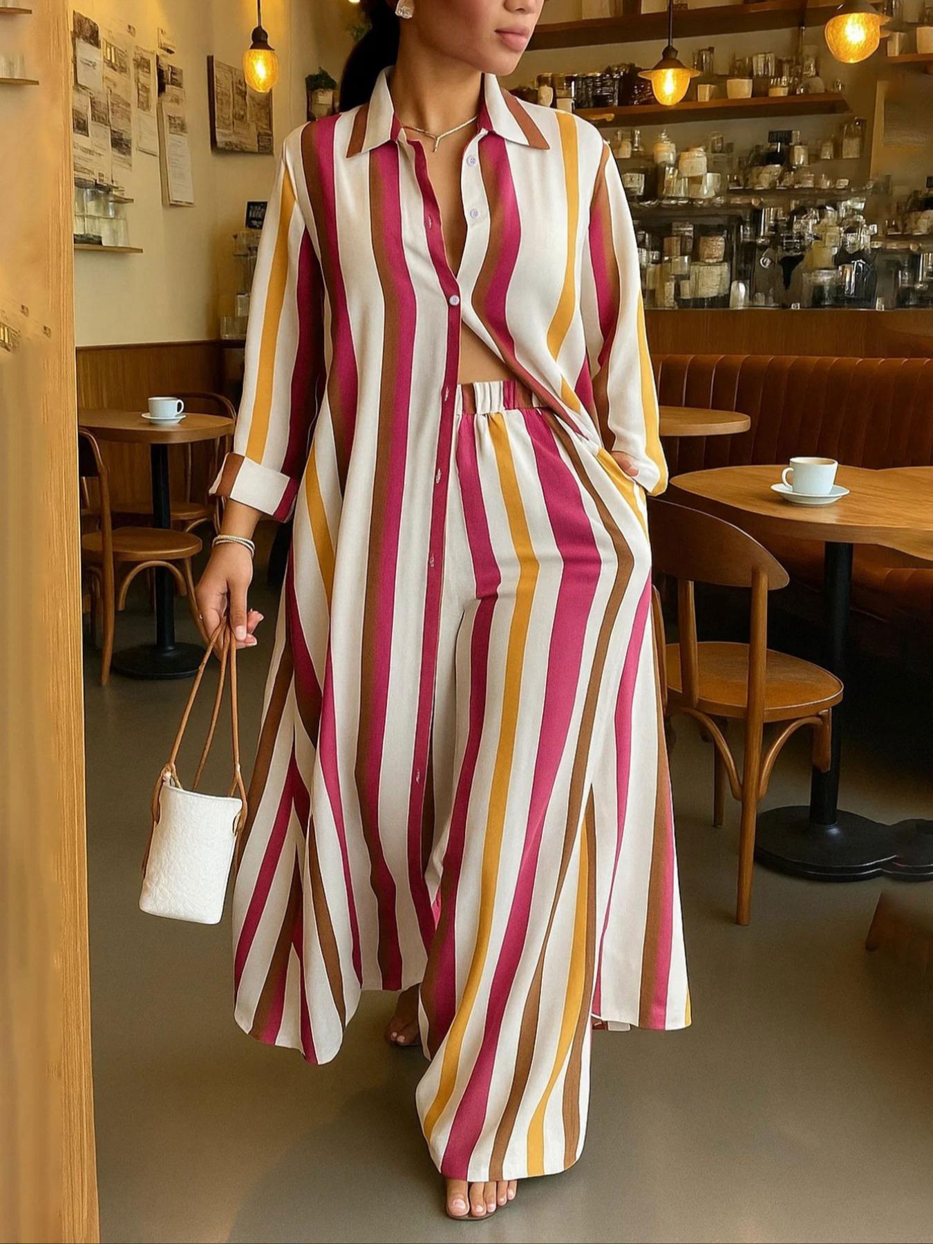 Plus Size Women's Striped Two-Piece Set, Long Sleeve Shirt & Wide Leg High Waist Pants, Casual Flowy, Perfect for Vacation & Daily Wear