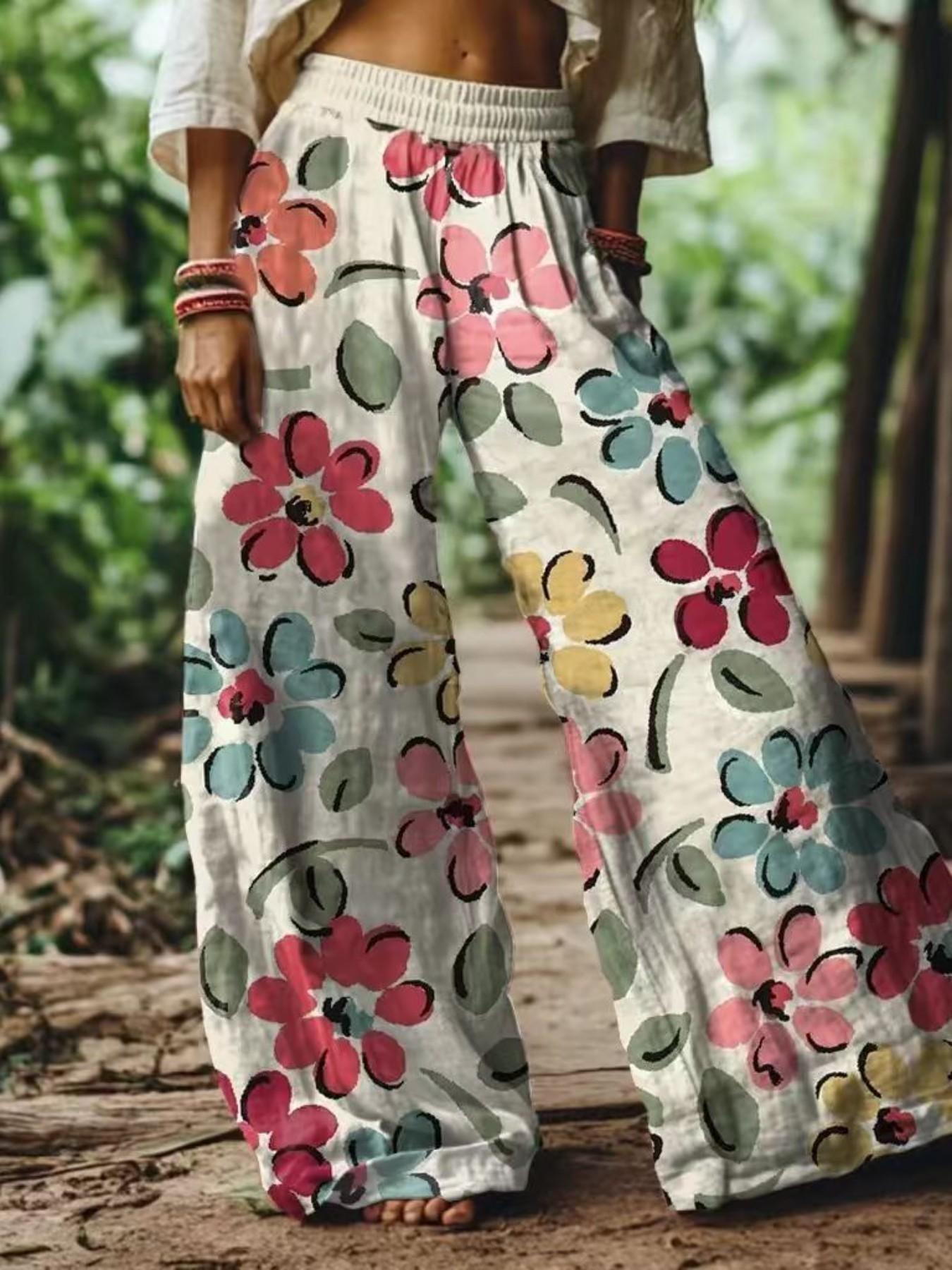 Women's Casual Bohemian Style Boho Floral Print Wide-Leg Loose Baggy Pants, Comfortable & Breathable Elastic Fabric, Ideal for Vacation, Home and Daily Wear, Suitable for Spring, Summer and Fall