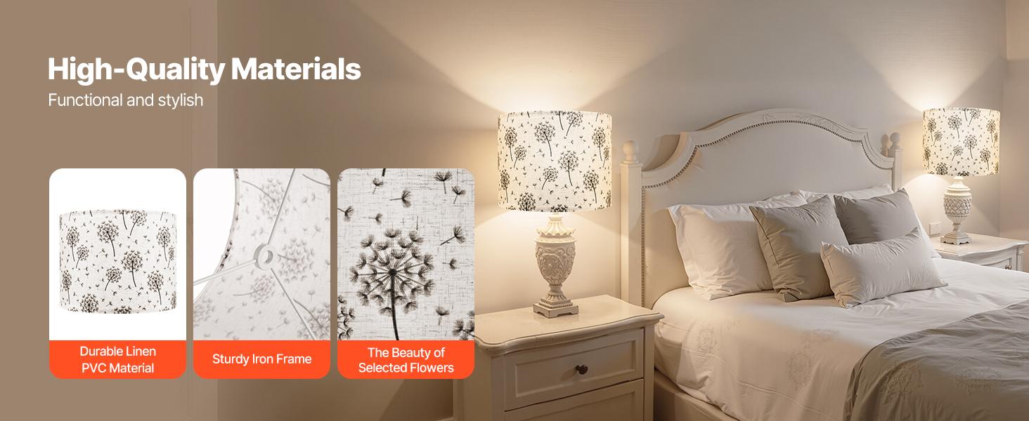 VEVOR Drum Lamp Shade 2 Set, 13 in Topx 13 in Bottomx 10 in High, Medium Drum Linen Lampshade, Replacement Lamp Shade for Table Lamps Floor Lamps, Easy Assembly Required (Light Dandelion Pattern)