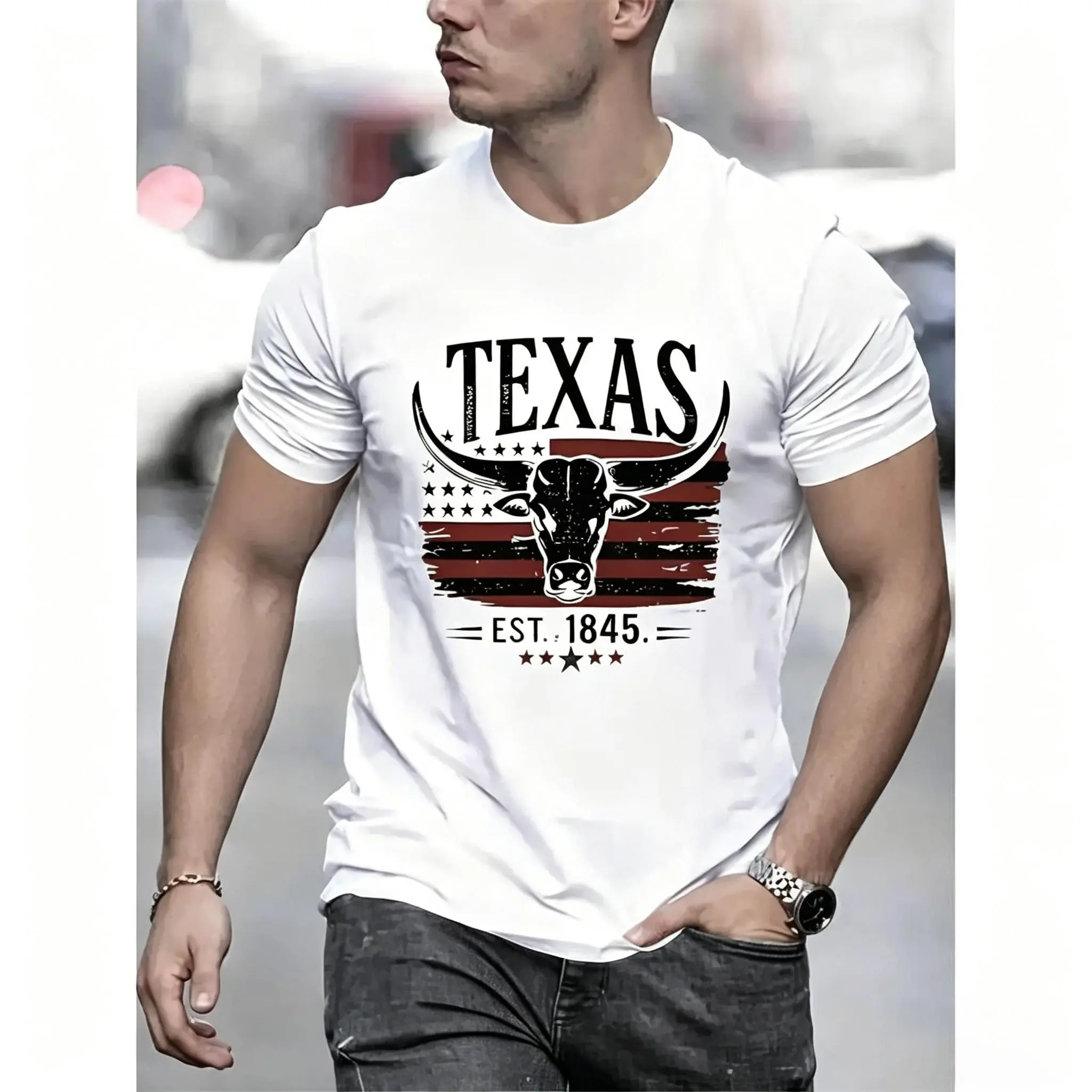 Men’s Vintage Texas Bull Head Tropical Graphic T-Shirt - Crew Neck, Short Sleeve, Fitted Seamless Knitting Comfortable Fabric Top, Breathable Lightweight Summer Casual Streetwear, Korean Fashion Outfit, Style