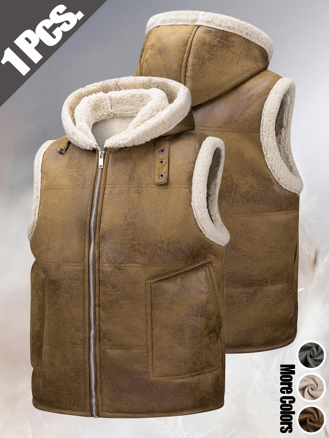 Men's Must-have Trendy Loose Breathable Fleece Lined Warm Faux Fur Integrated Hooded Vest Gilet Windproof Sherpa Outerwear Versatile Casual Sleeveless Jacket for Daily Commute Wild Adventure Hiking Mountain Trekking and Daily Outdoor Casual Outfits