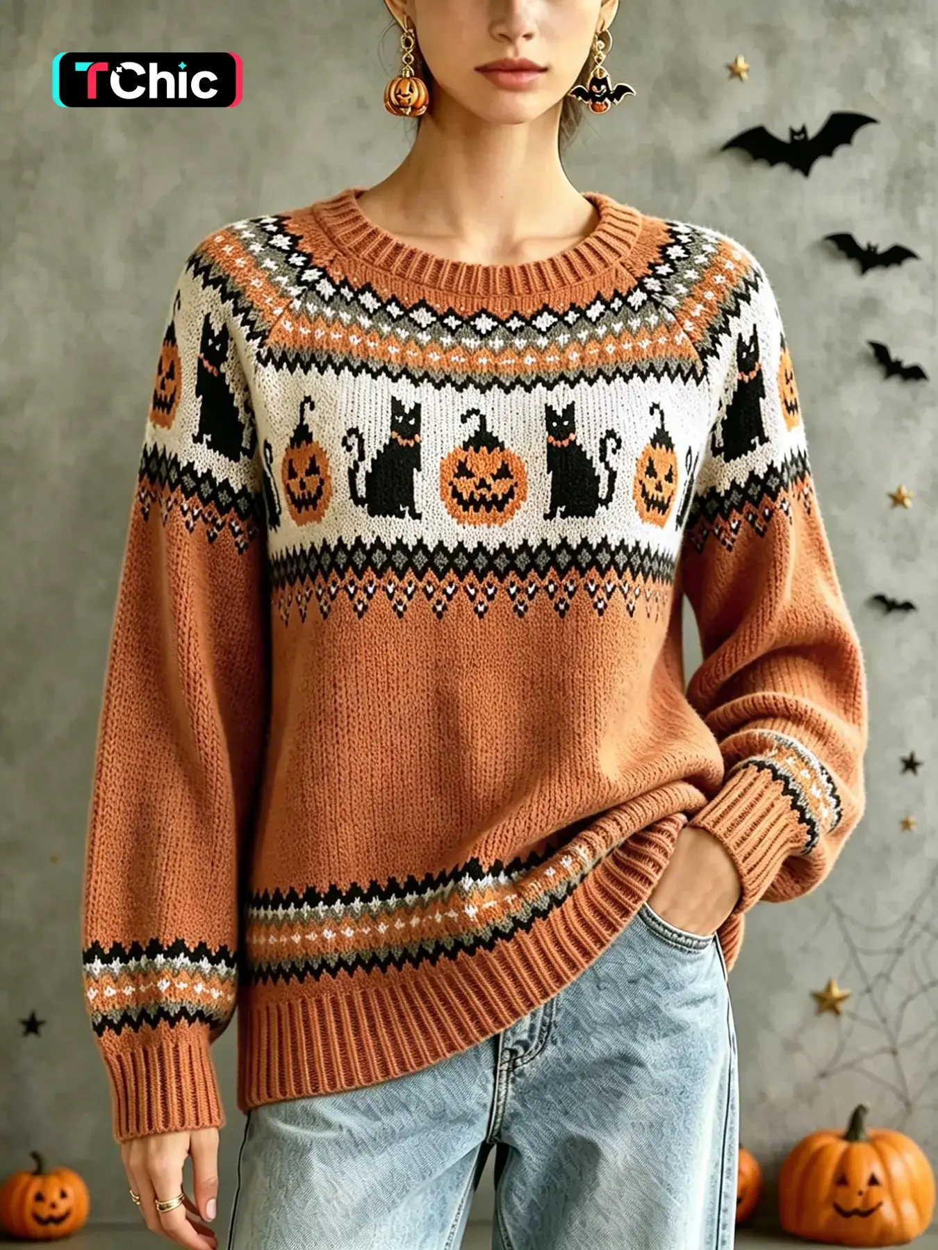 Women's Round Neck Pumpkin Pattern Long Sleeve Loose Knit Top, Halloween, Fashionable and Versatile, Casual Fitted Style for Fall & Winter, Casual Knit Sweater