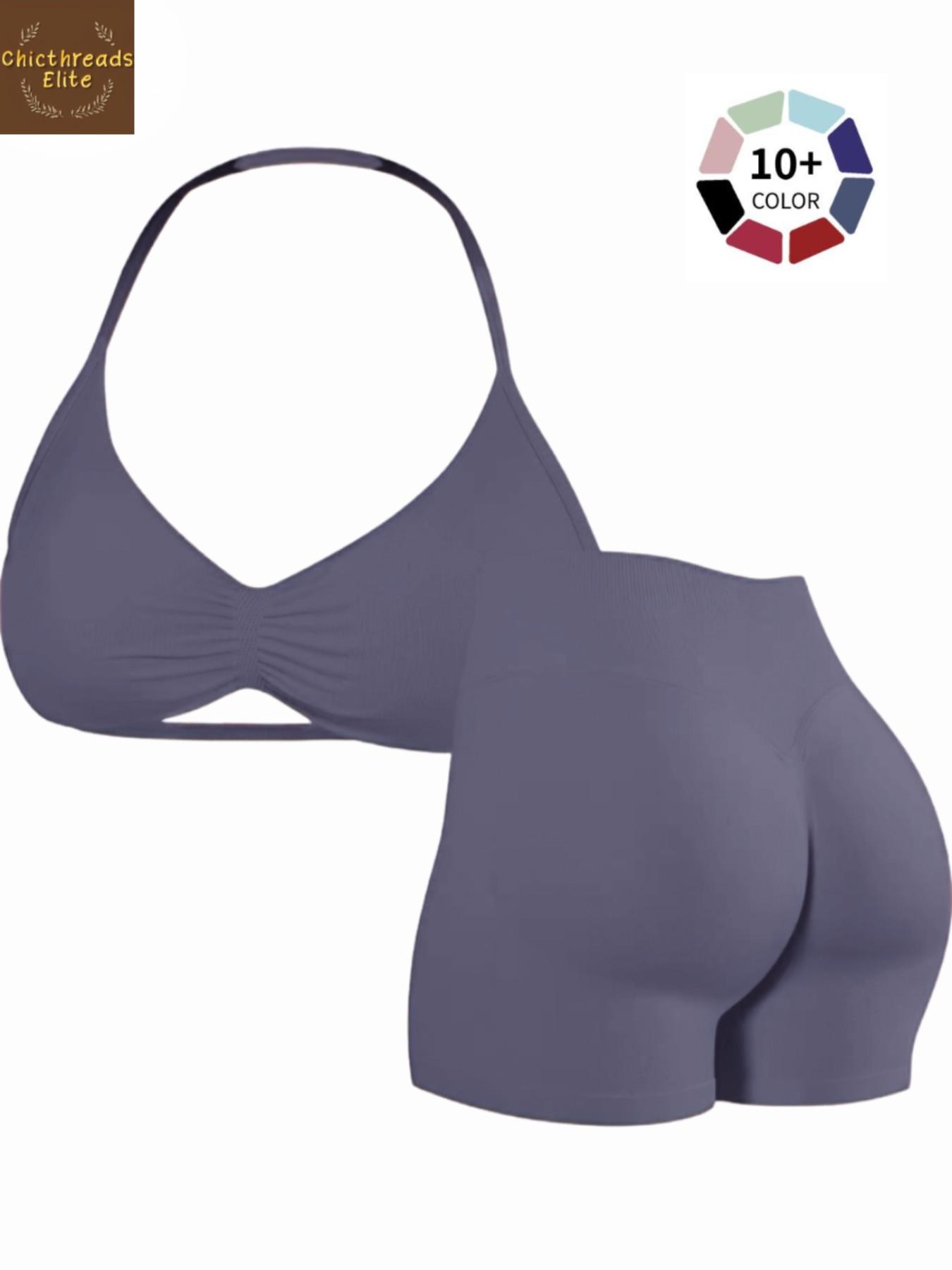 Women's Two-Piece Set, Solid Color Halter Top & High Waist Shorts, Sporty Breathable Quick-Dry for Yoga Gym Workout Running