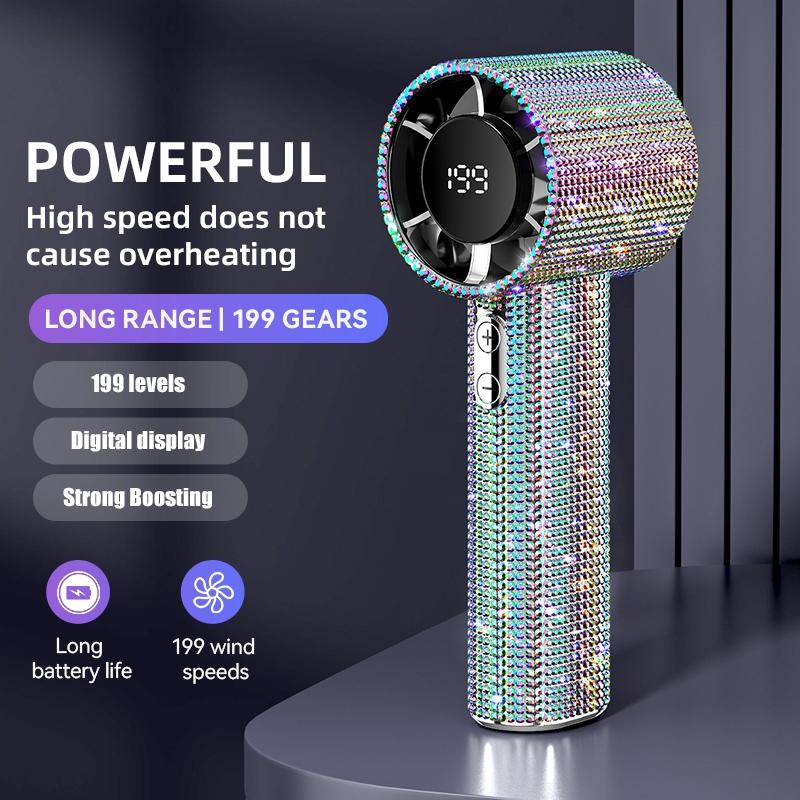 Portable Handheld Turbo Fan, Fashion Full Diamond Design, 1800mah USB Rechargeable, Personal Battery Operated, Mini Pocket Fan for Travel Outdoor