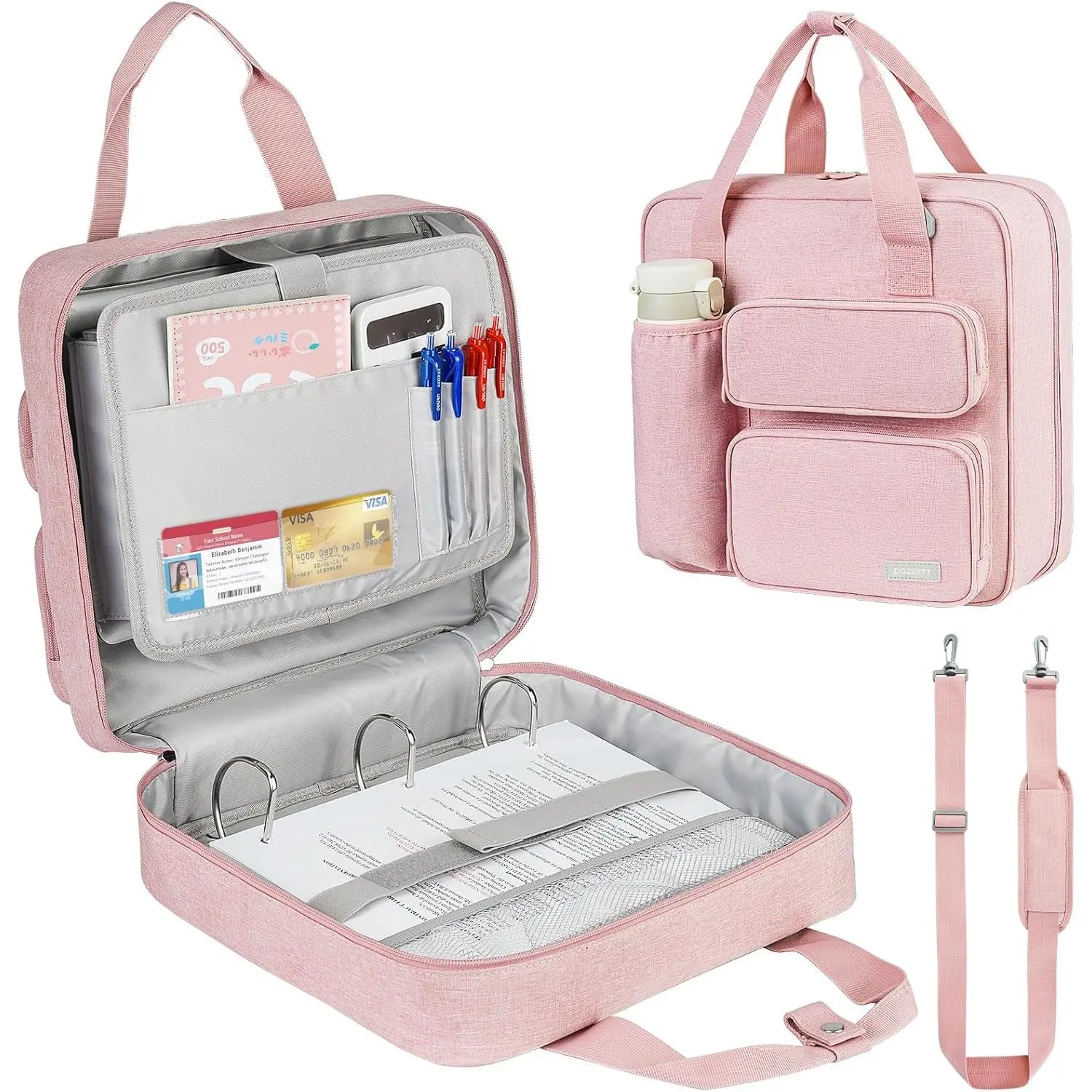 Multifunctional 3 Ring Zipper Binder Organizer 700 Sheet A4 Portfolio Waterproof 900D Fabric with Shoulder Strap Fits 13 Inch Laptop Anti Curling Design with Pen Holders Card Slots Luggage Strap for Work Travel