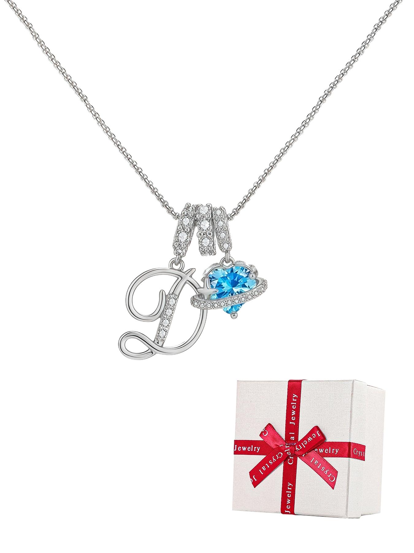Women's Cz Birthstone Necklace with Blue Rose Jewelry Box, A-Z Letter Pendant, Casual Style Gift for Wife Girlfriend Mom Daughter, Initial Letter Necklace