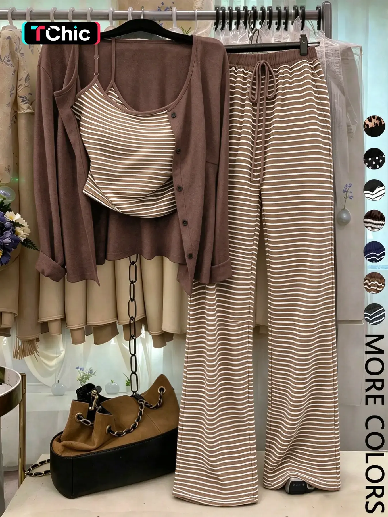 【Black Friday】Women's Plain Knit Cardigan Set, Button Front Design, Striped Tank Top, Loose Leg Pants, Elegant Casual Style, Fall & Winter Wear