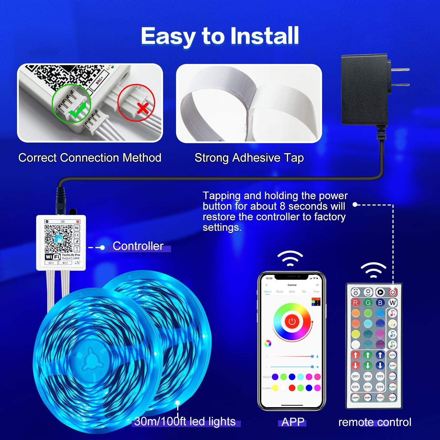 100FT 50FT WiFi Led Strip Lights Smart Led Light Strip Work with Alexa & Google Assistant RGB Music Sync Color Changing Led Light for Bedroom Decors