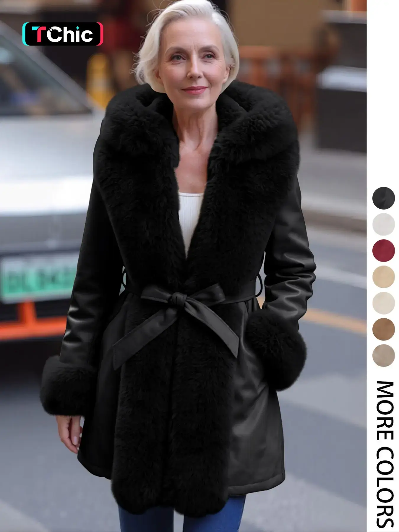 Women's Winter Faux Fur Coat with Belt, PU Patchwork Hooded Jacket, Elegant Casual Warm Waistcoat for Fall & Winter