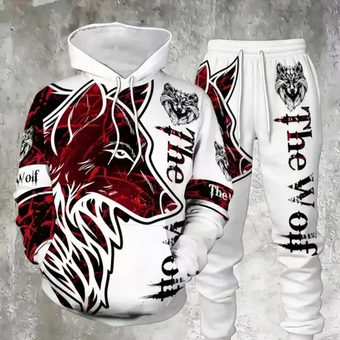 Men's 3D Wolf Pattern Hoodie and Sweatpants Two Piece Set, Comfortable Fall Winter Casual Wear, Animal Print, Slim Fit, Durable Fabric