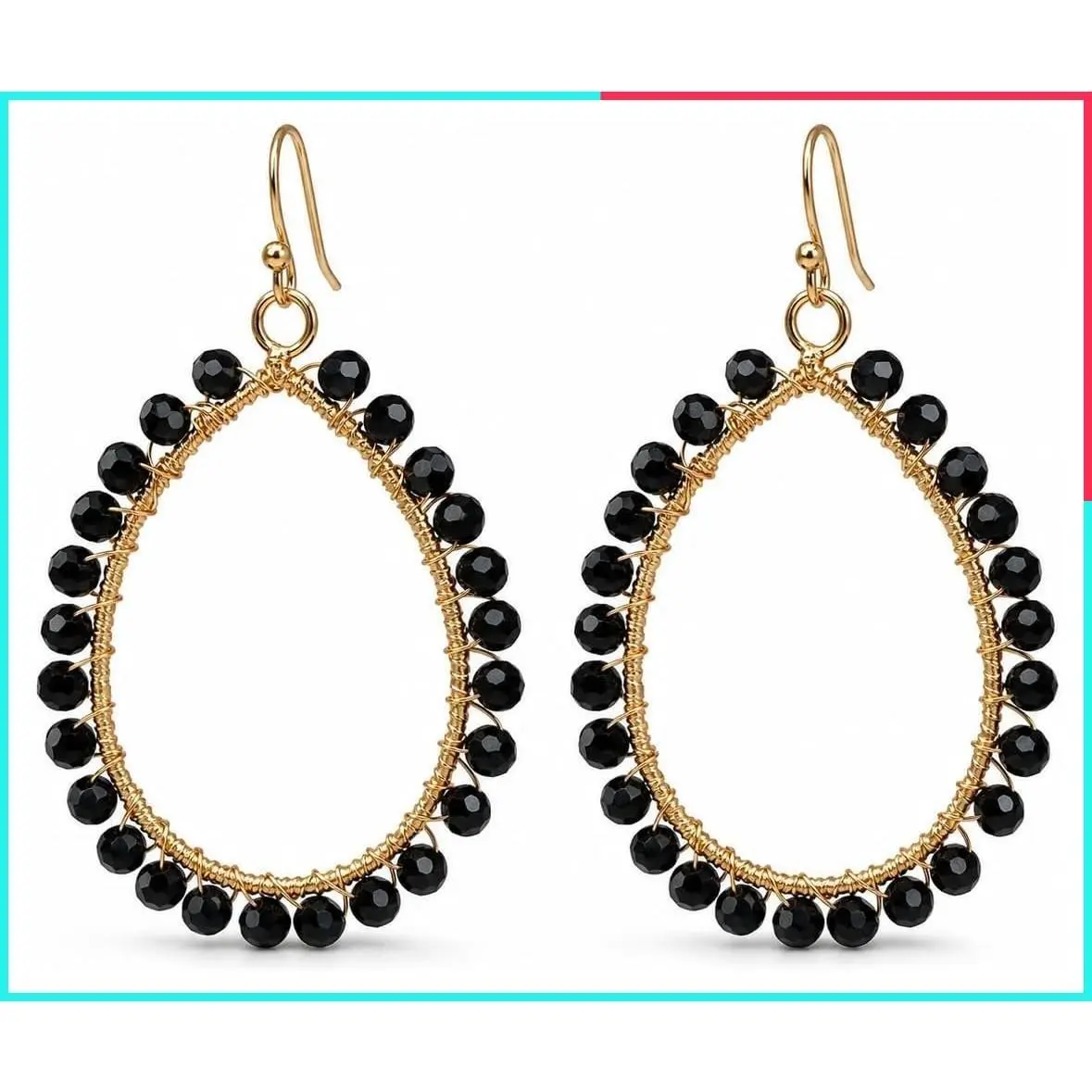 Bohemian Teardrop Dangle Earrings in Multiple Colors, Golden Wire-Wrapped Hollow Sparkly Crystal Beaded Statement Earrings for Women, Summer Beach Wedding Party Jewelry
